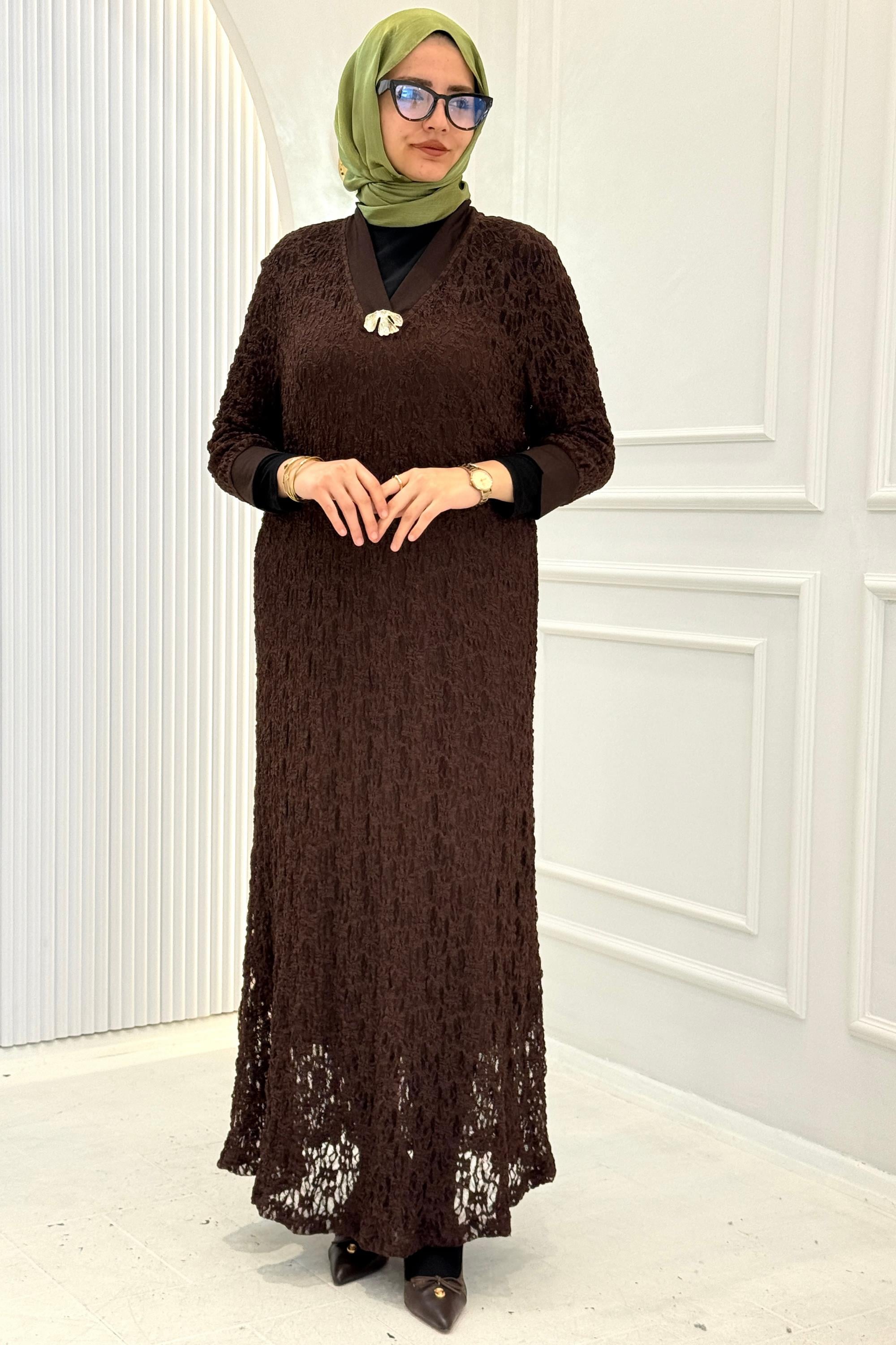 Büyük Beden Dantelli Uzun Elbise Kahve OTW6803-06