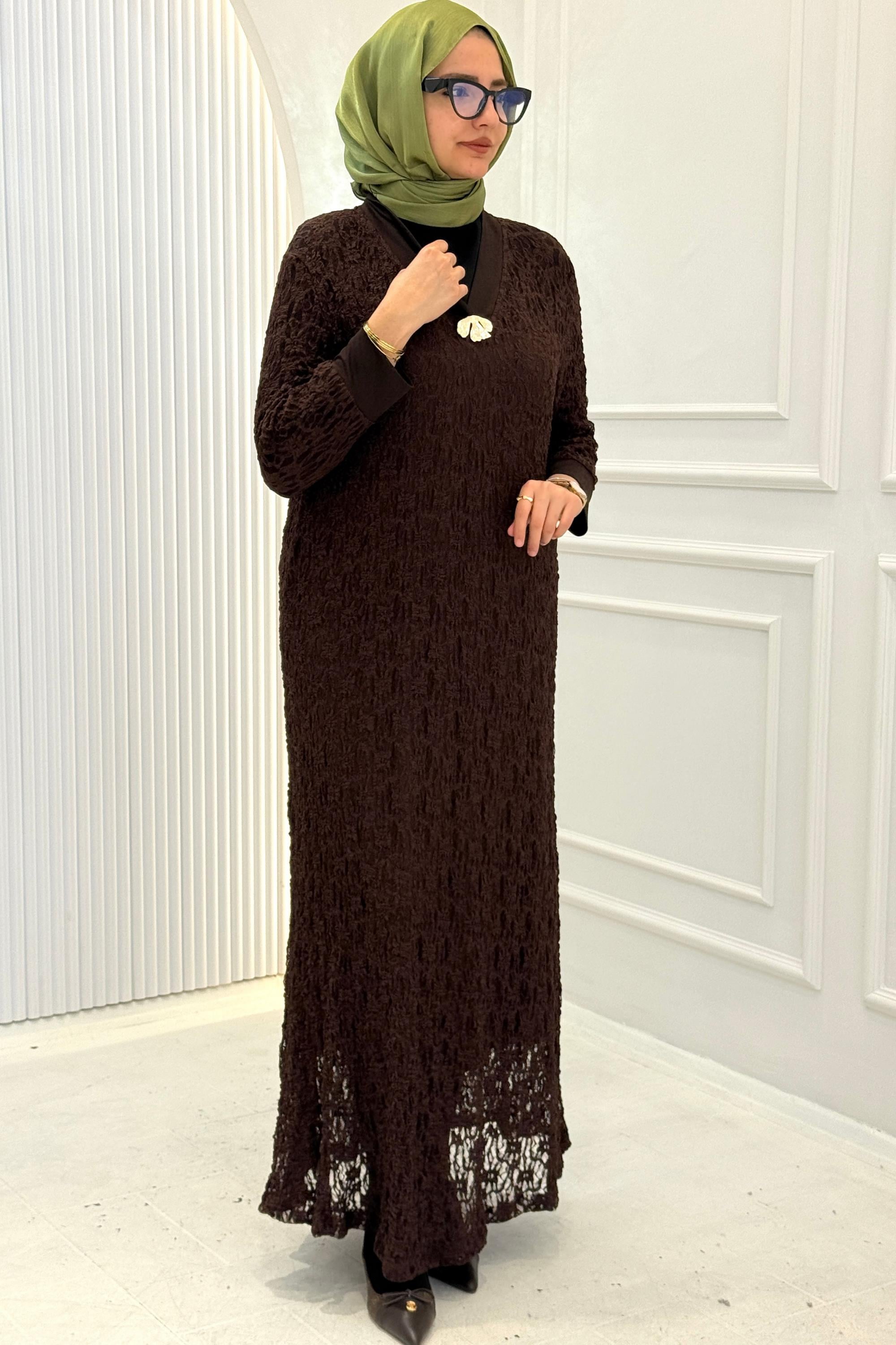 Büyük Beden Dantelli Uzun Elbise Kahve OTW6803-06