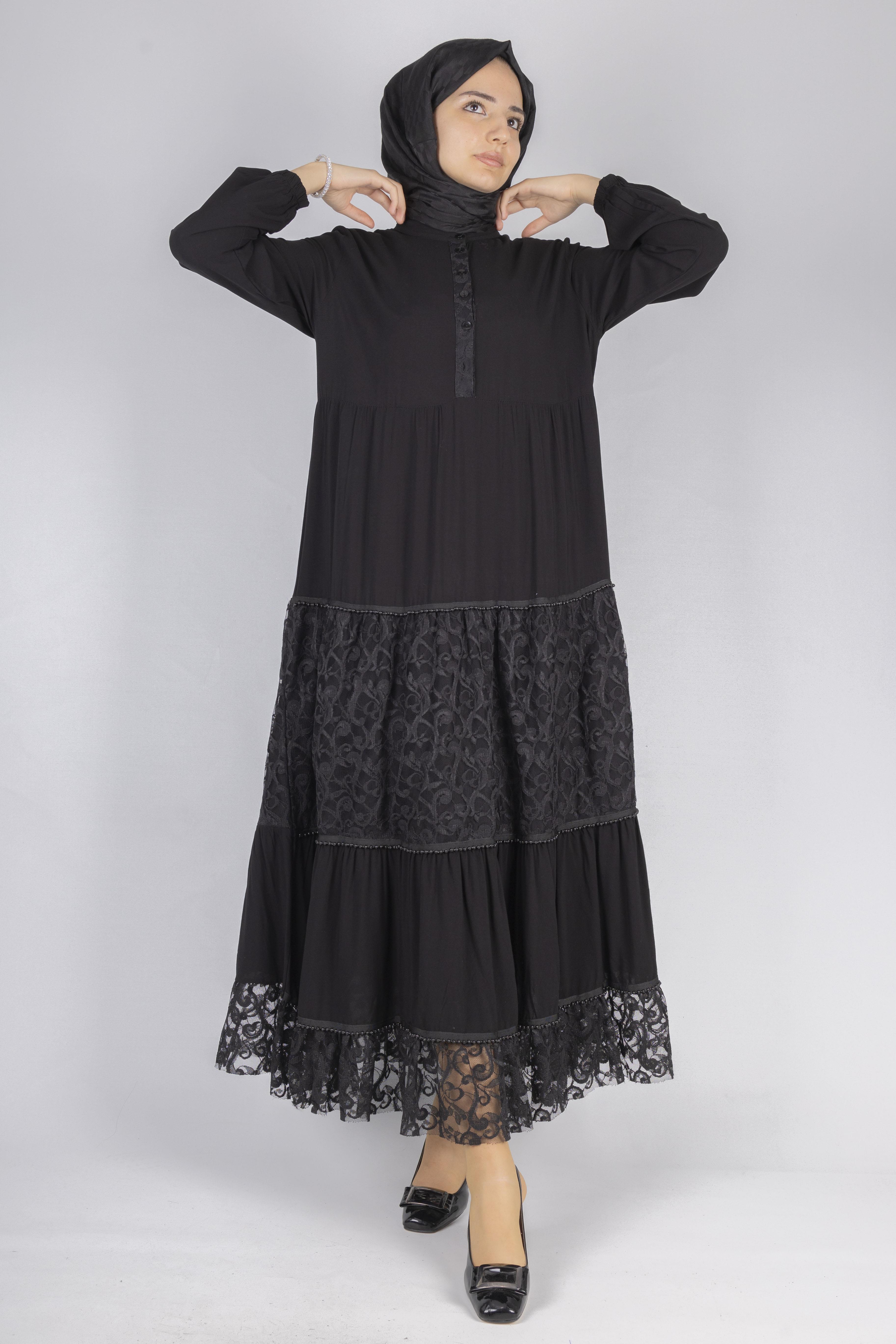 Büyük Beden Dantelli Viskon Elbise Siyah OTW480