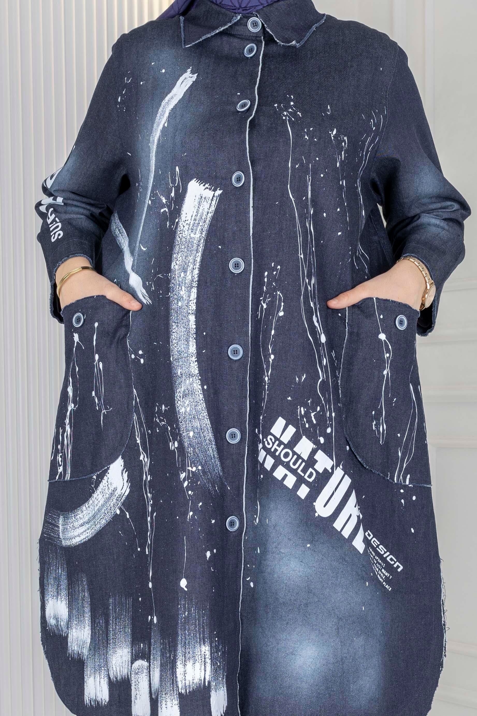 Büyük Beden Desenli Denim Gömlek Kot Mavi OTW9846