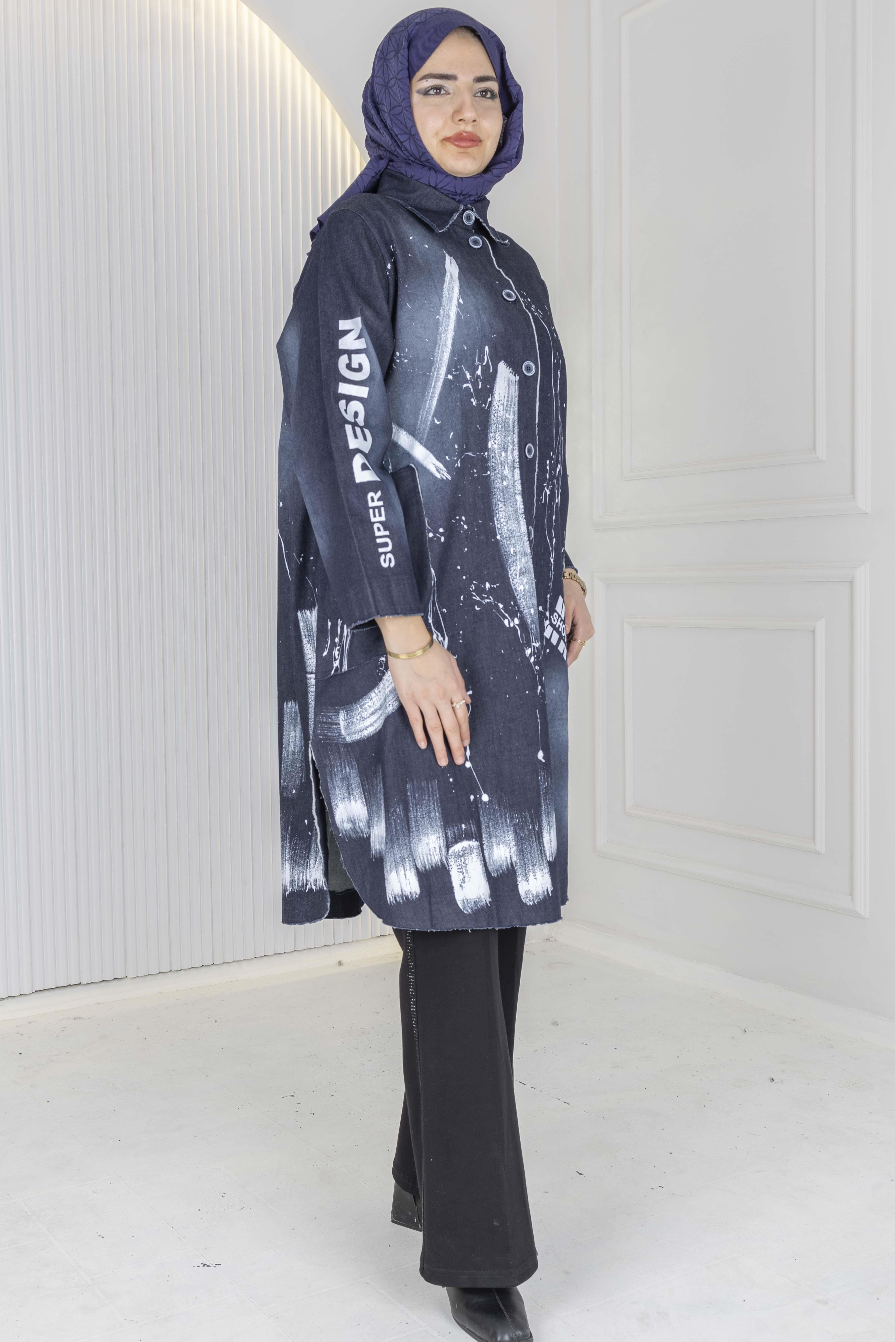 Büyük Beden Desenli Denim Gömlek Kot Mavi OTW9846
