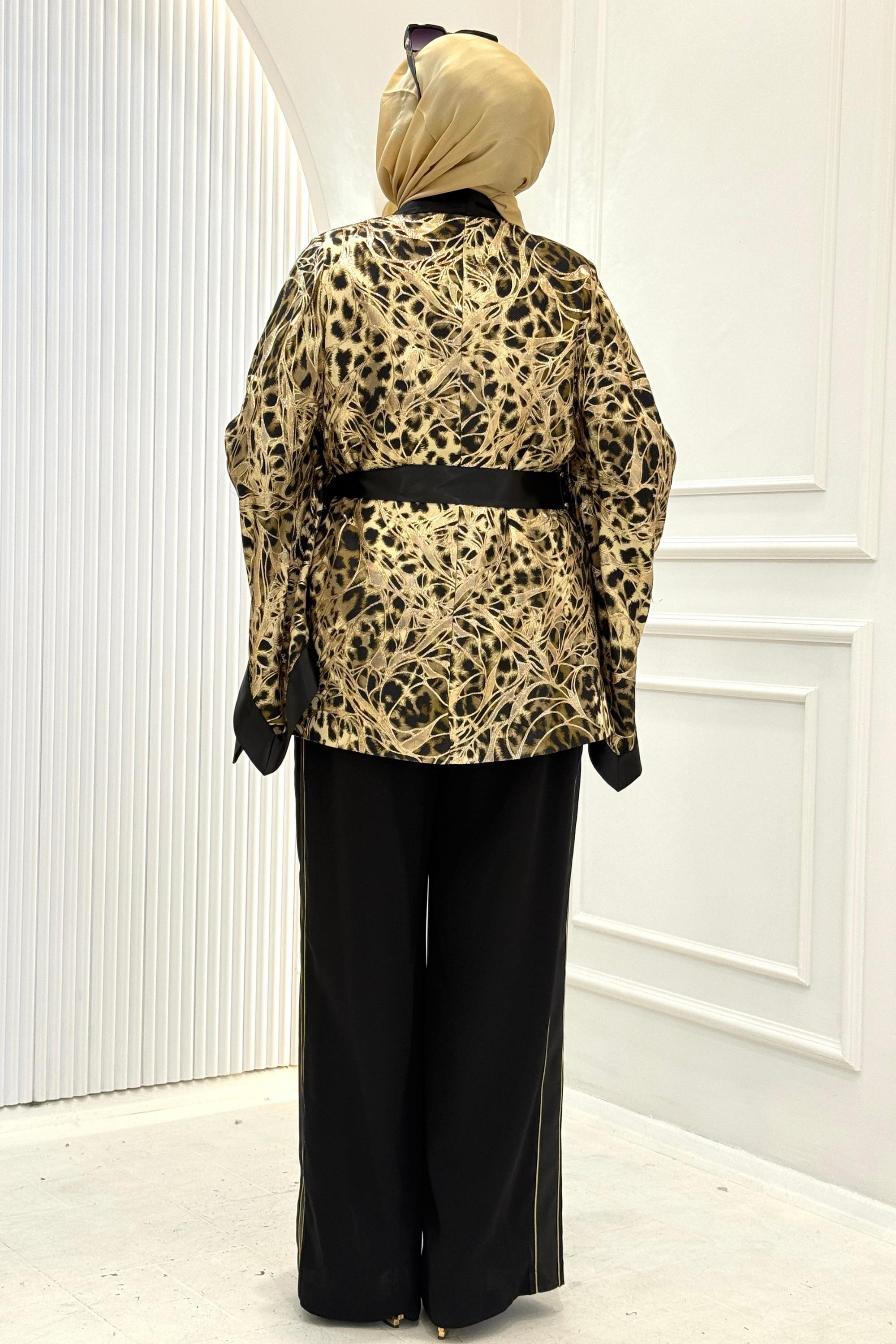 Büyük Beden Desenli Kimono Ceketli Pantolonlu Takım Siyah OTW46813