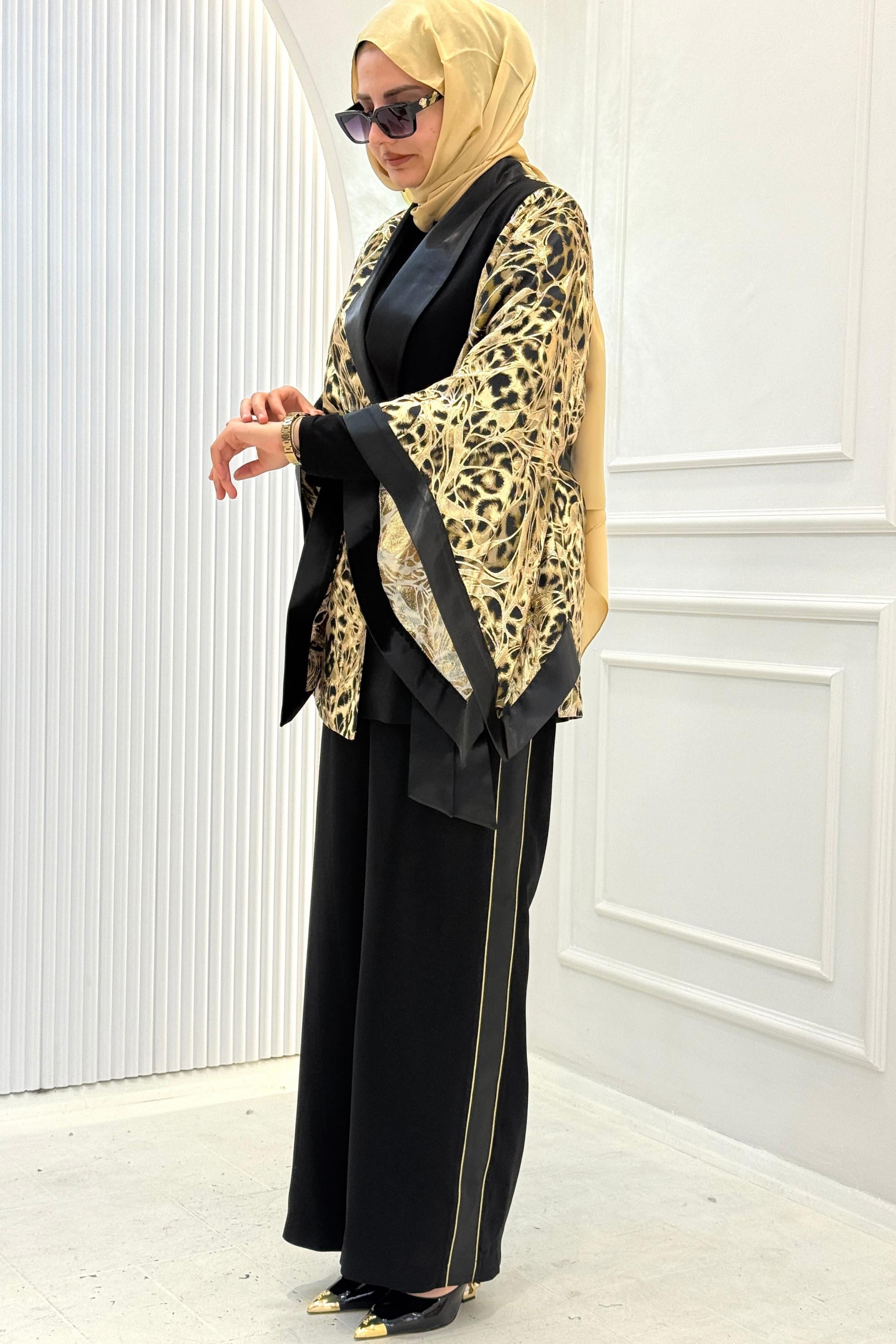 Büyük Beden Desenli Kimono Ceketli Pantolonlu Takım Siyah OTW46813
