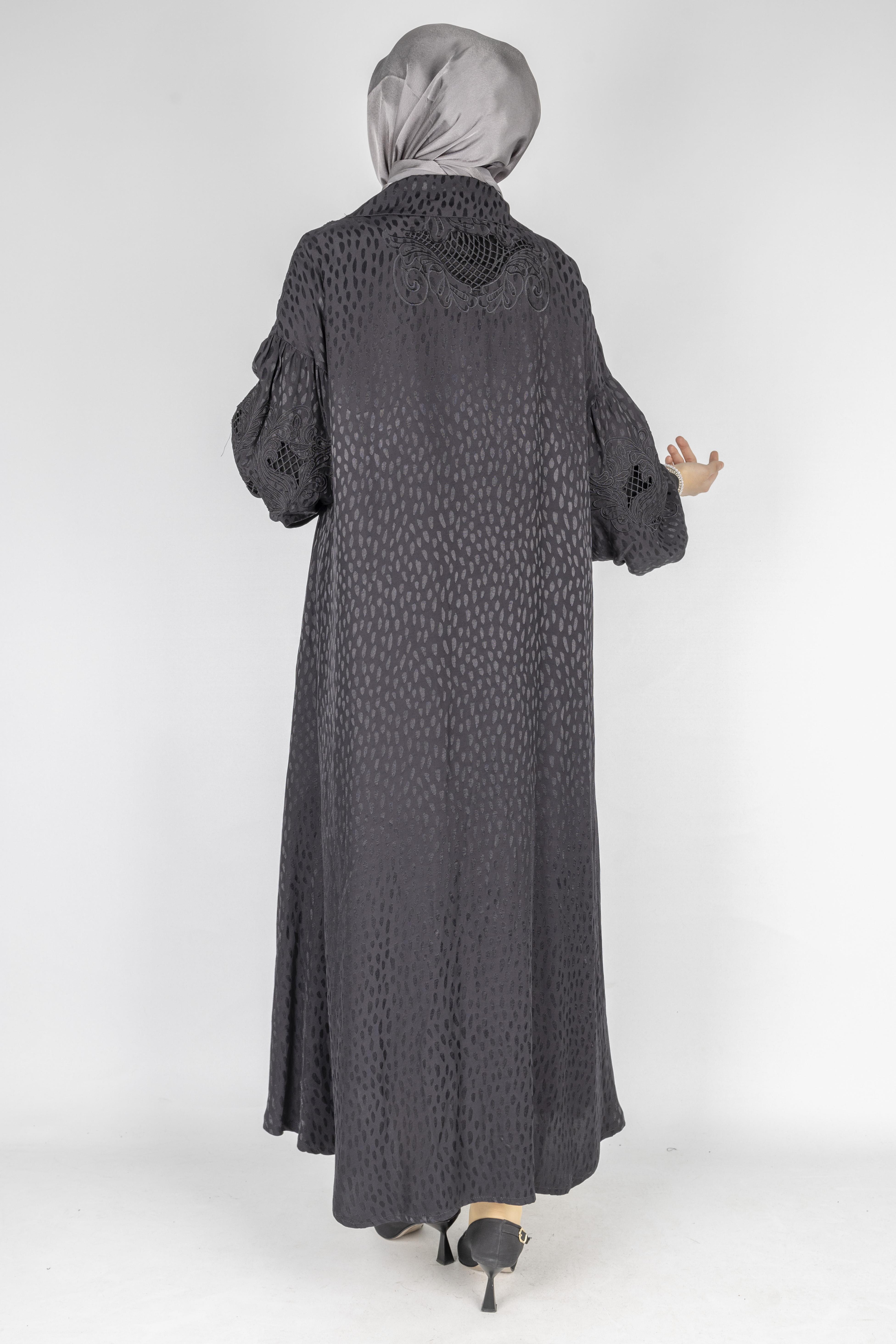 Büyük Beden Desenli Viskon Rayon Elbise Siyah OTW2175