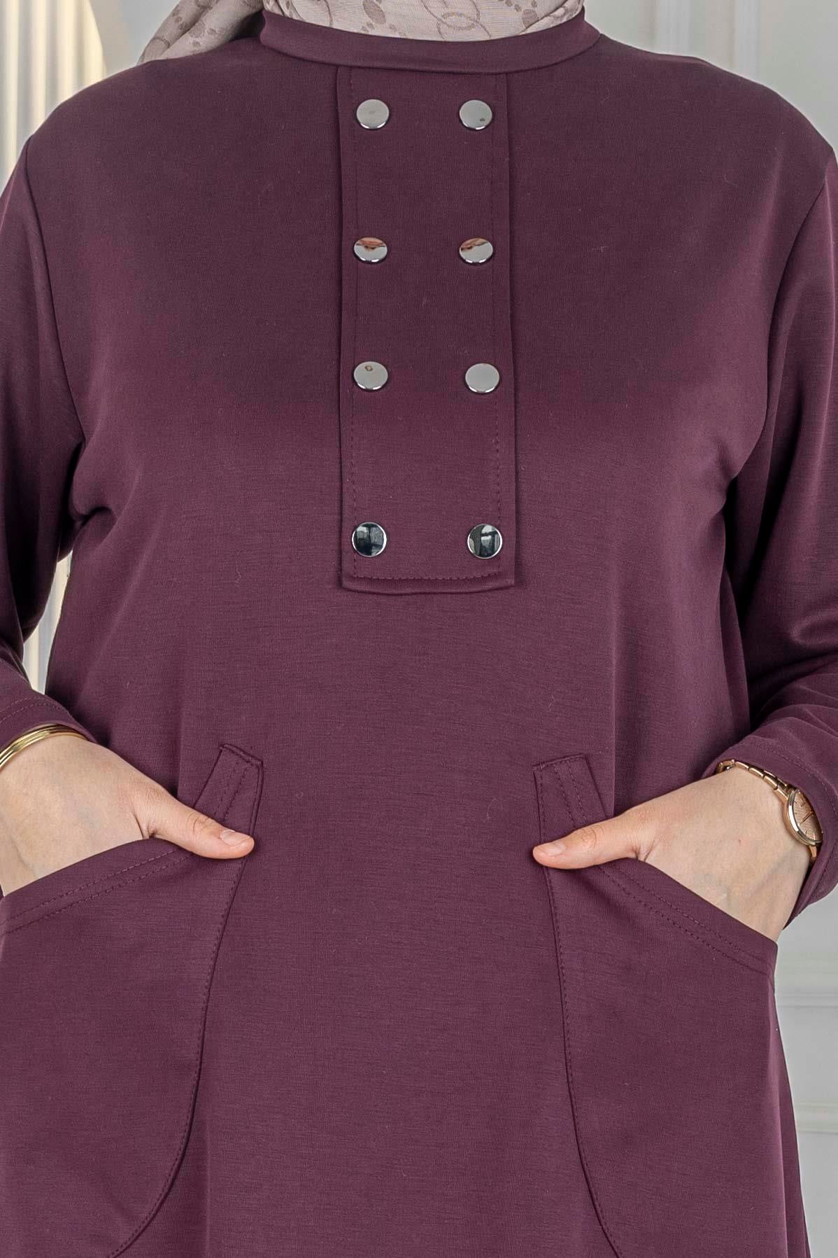 Büyük Beden Düğme Detaylı Tunik Pantolon Takım Bordo OTW325