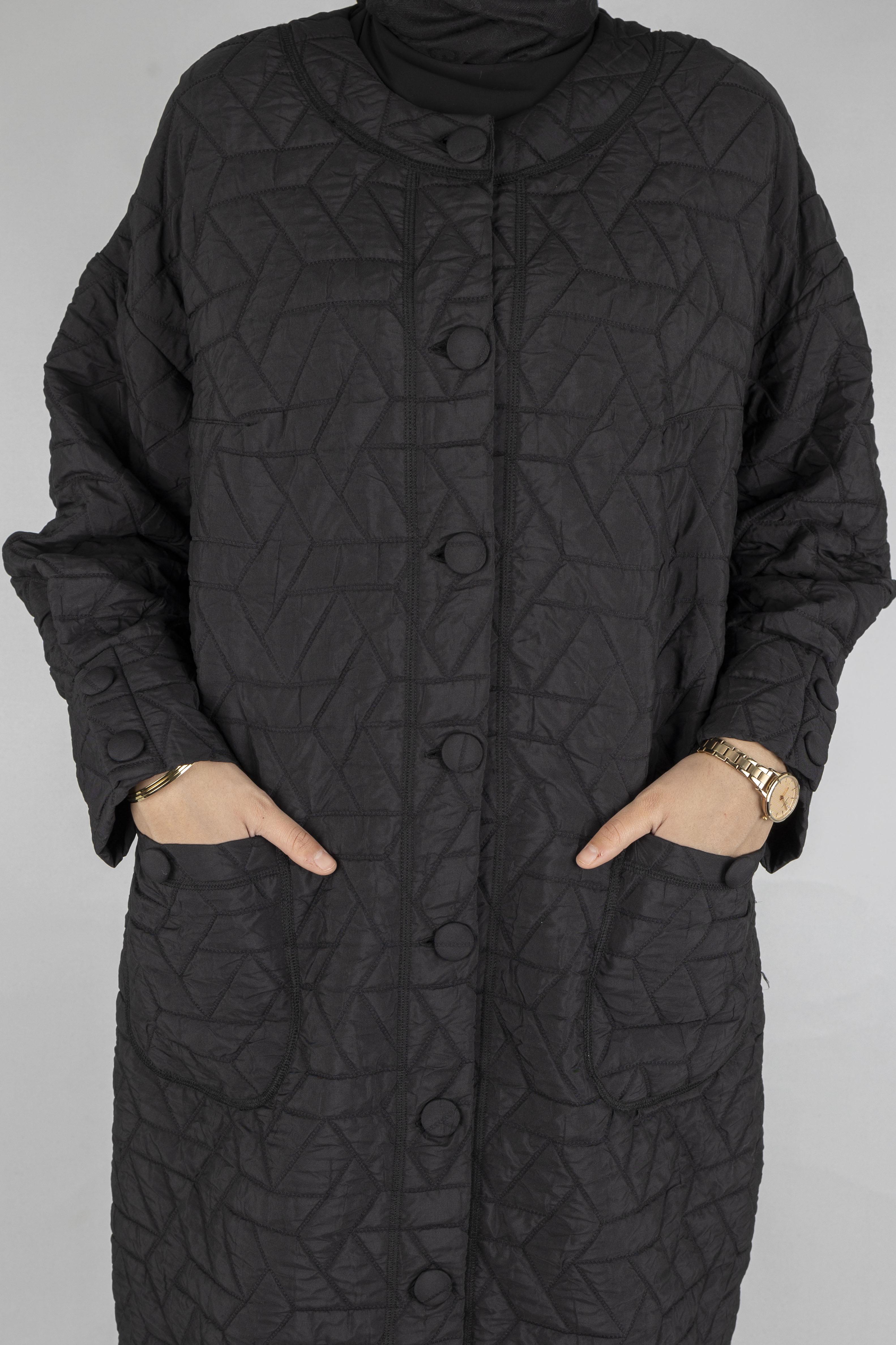 Büyük Beden Düğmeli Kapitone Mont Siyah OTW2051