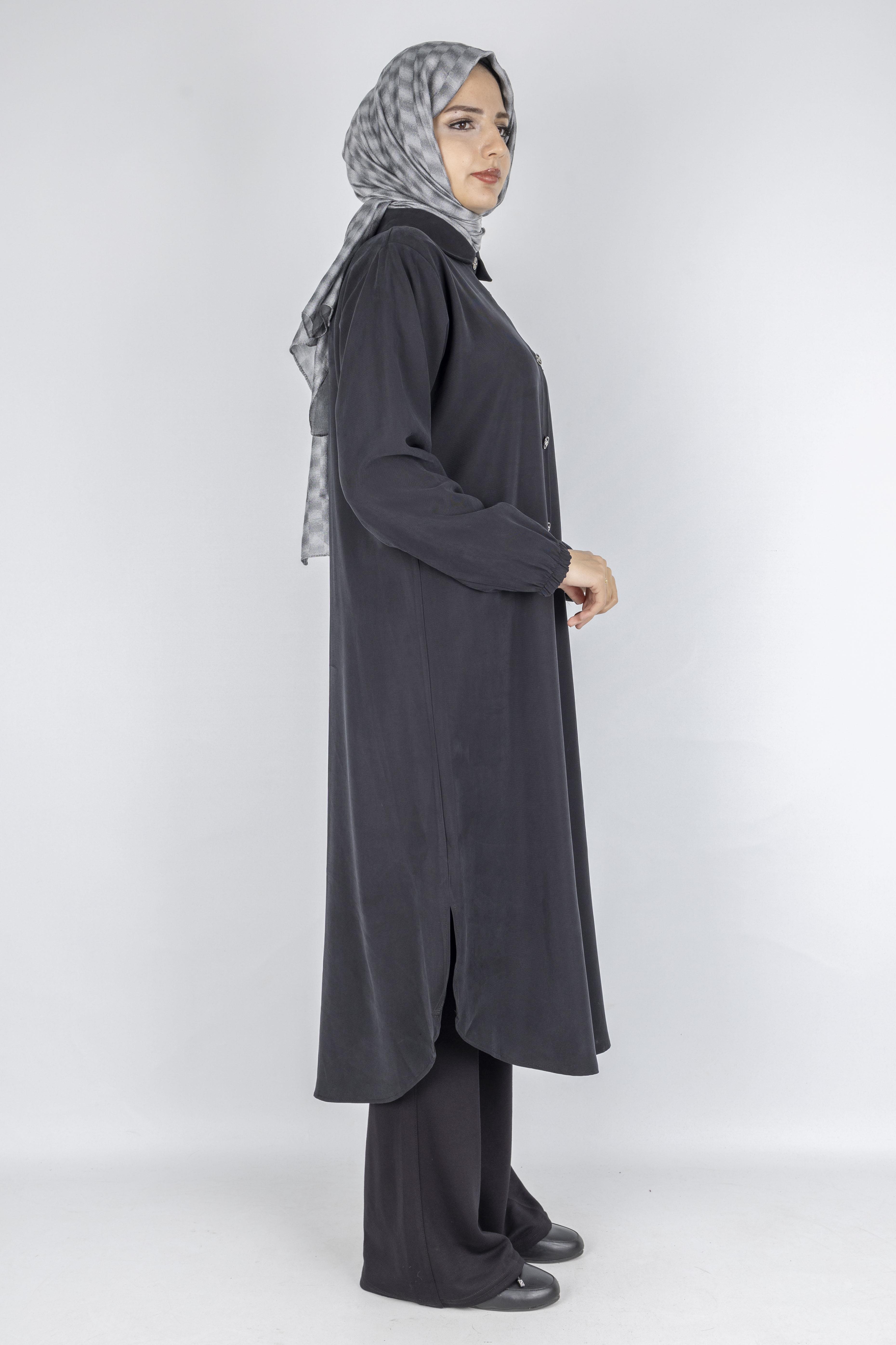 Büyük Beden Düğmeli Taş İşlemeli Tunik Siyah OTW319