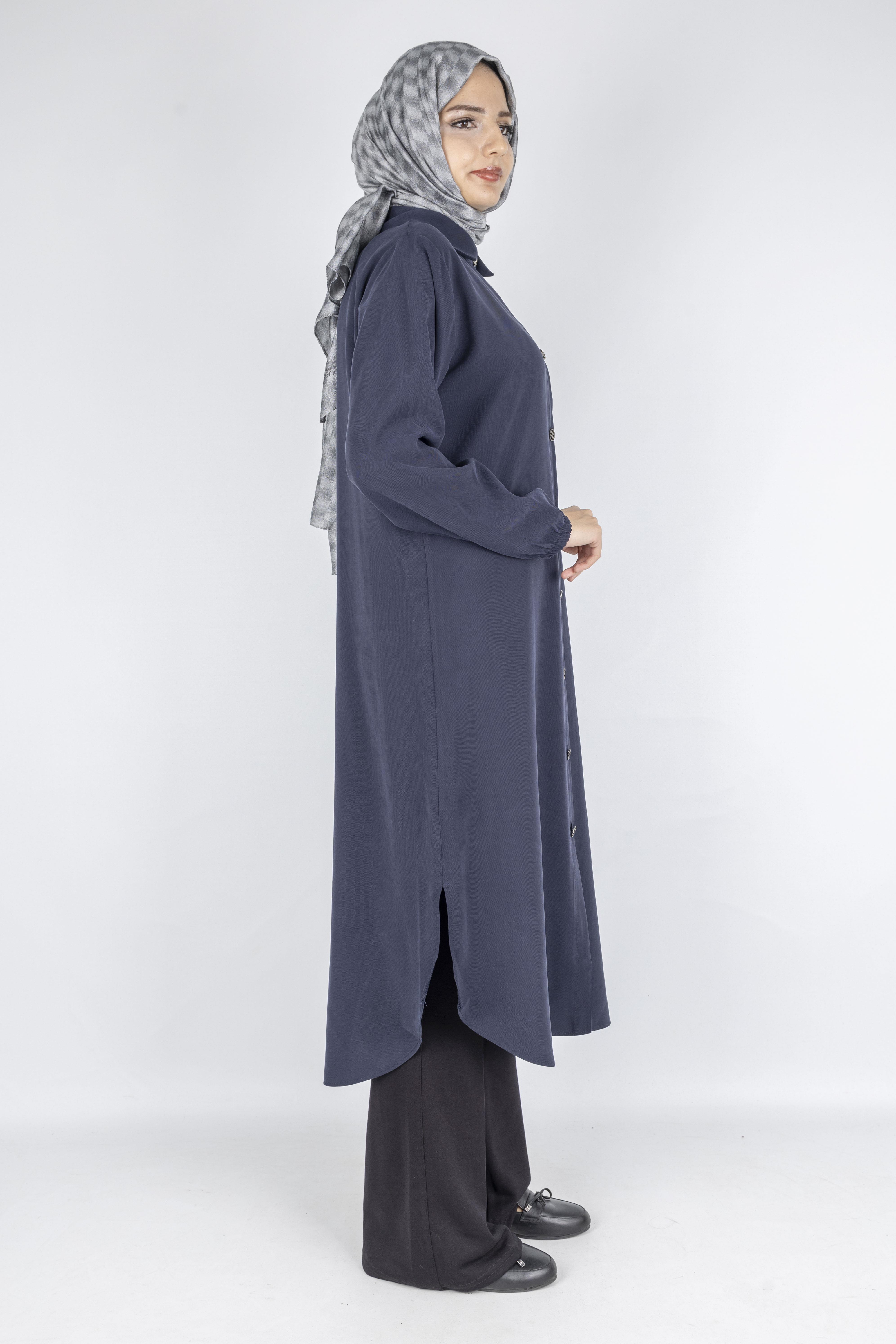 Büyük Beden Düğmeli Taş İşlemeli Tunik Lacivert OTW319