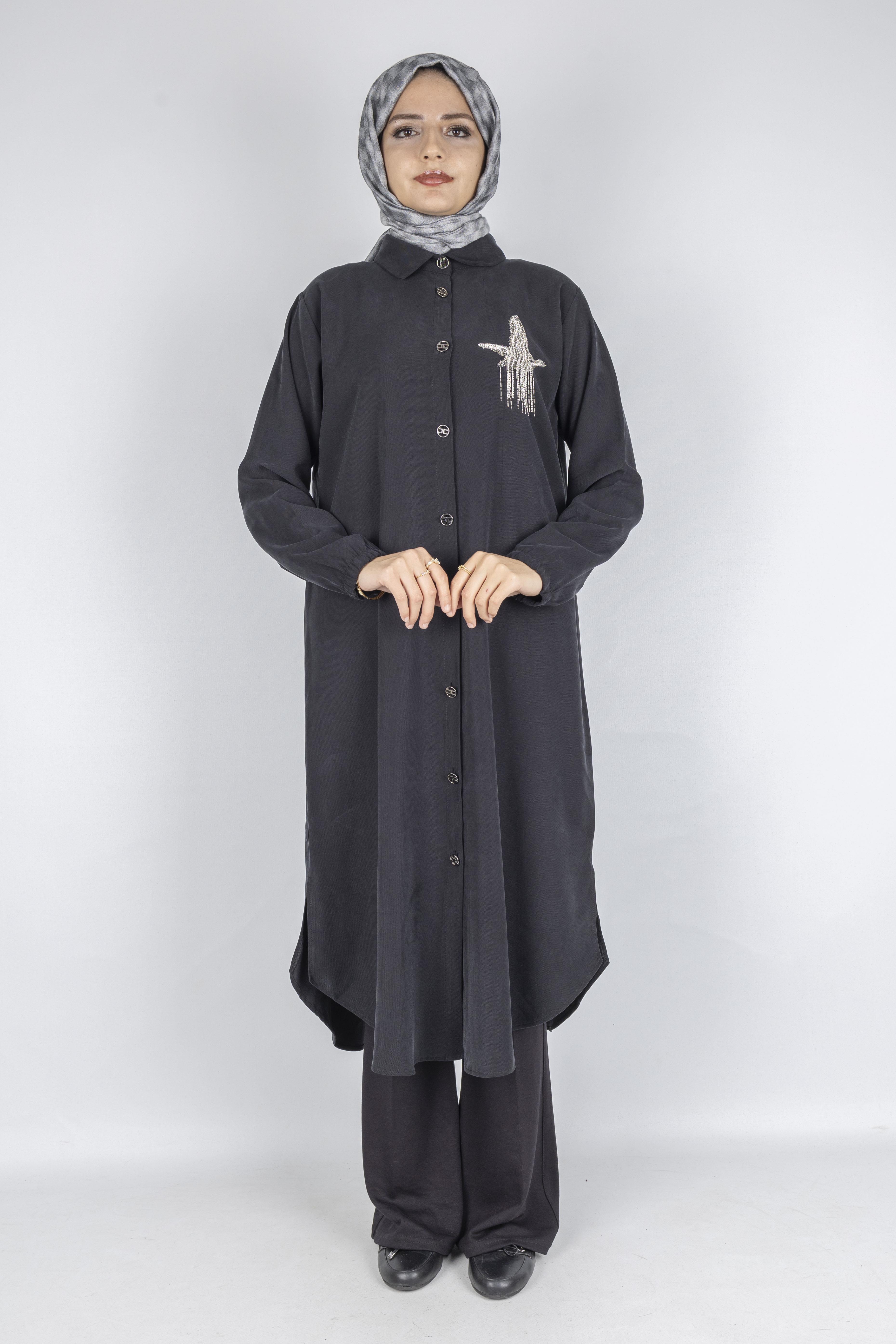 Büyük Beden Düğmeli Taş İşlemeli Tunik Siyah OTW319