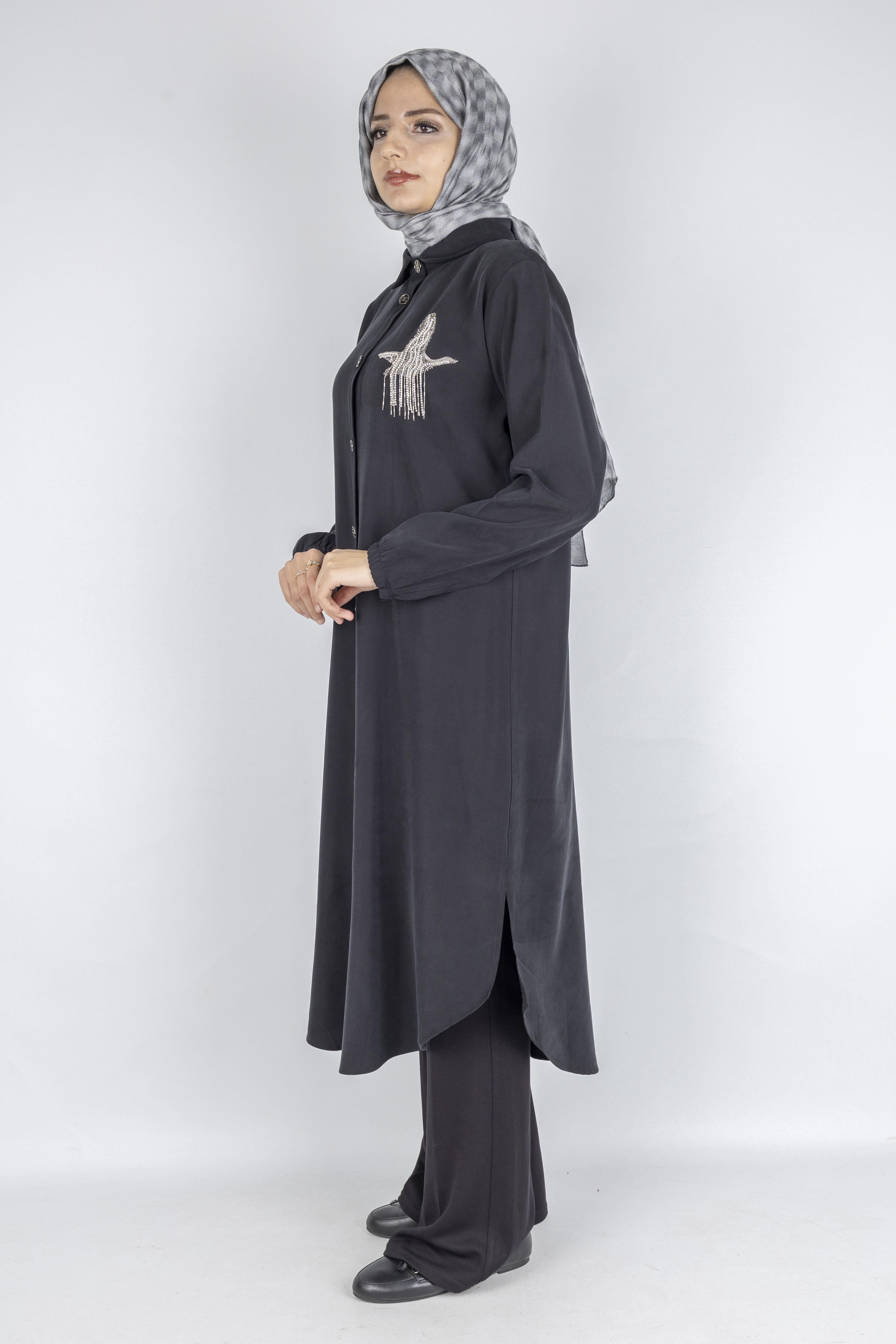 Büyük Beden Düğmeli Taş İşlemeli Tunik Siyah OTW319