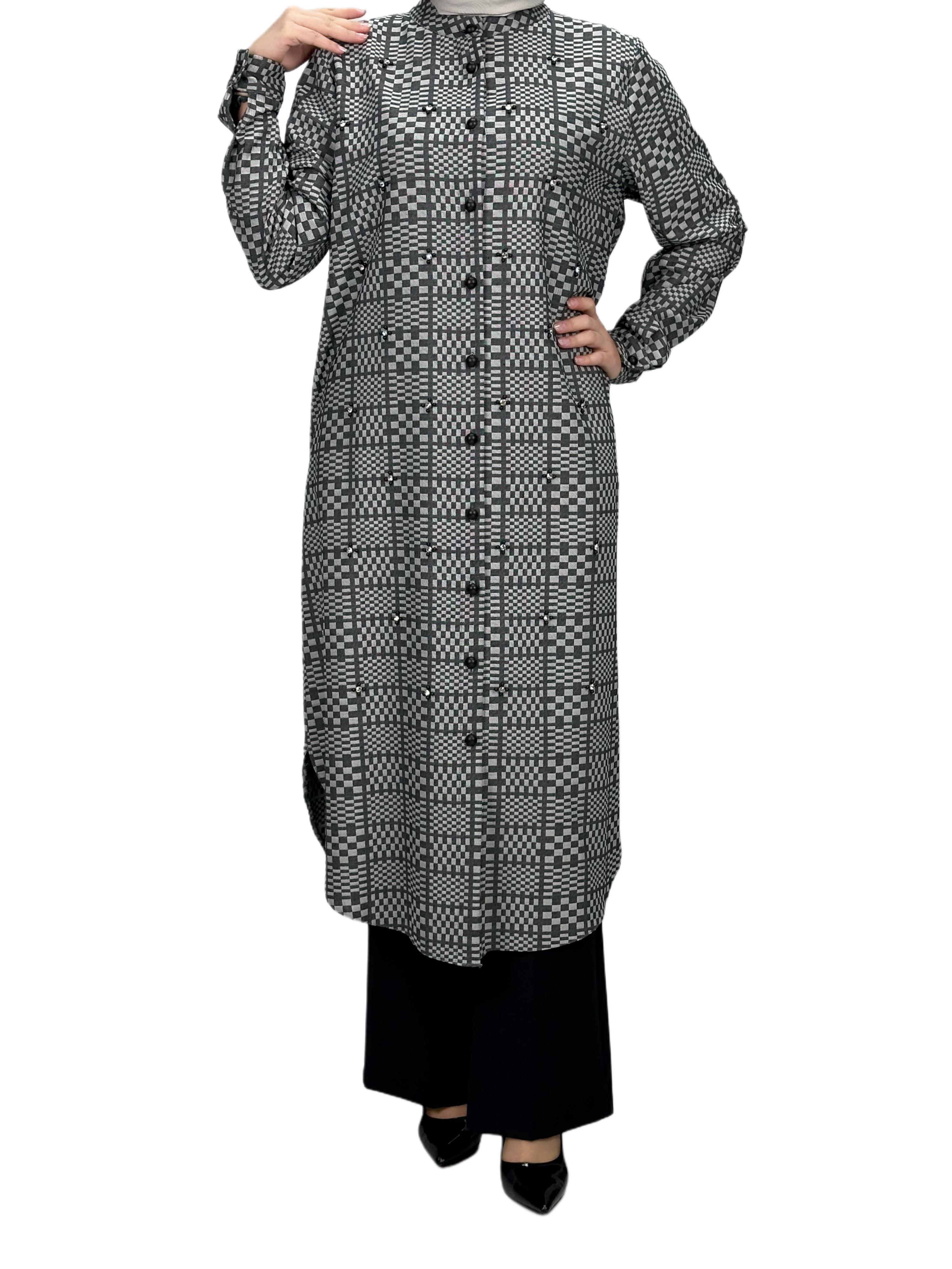 Büyük Beden Ekose Tunik Gri OTW2103