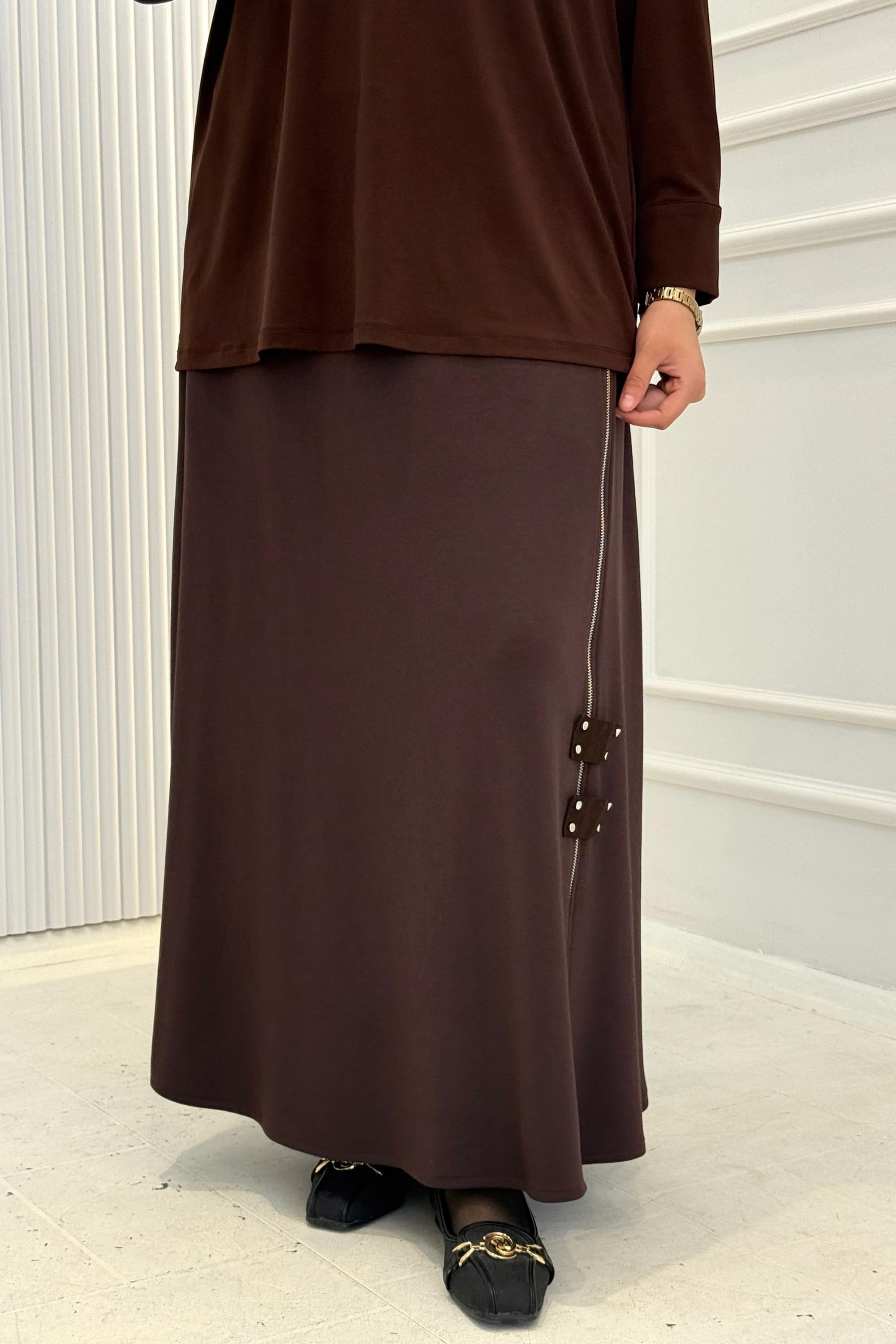 Büyük Beden Fermuar Detaylı Tesettür Etek Kahve OTW4352