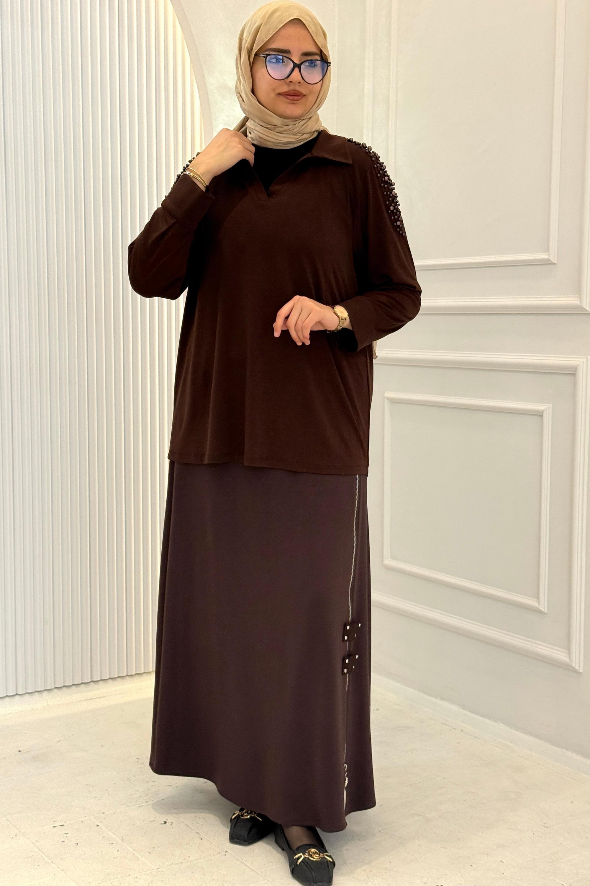 Büyük Beden Fermuar Detaylı Tesettür Etek Kahve OTW4352