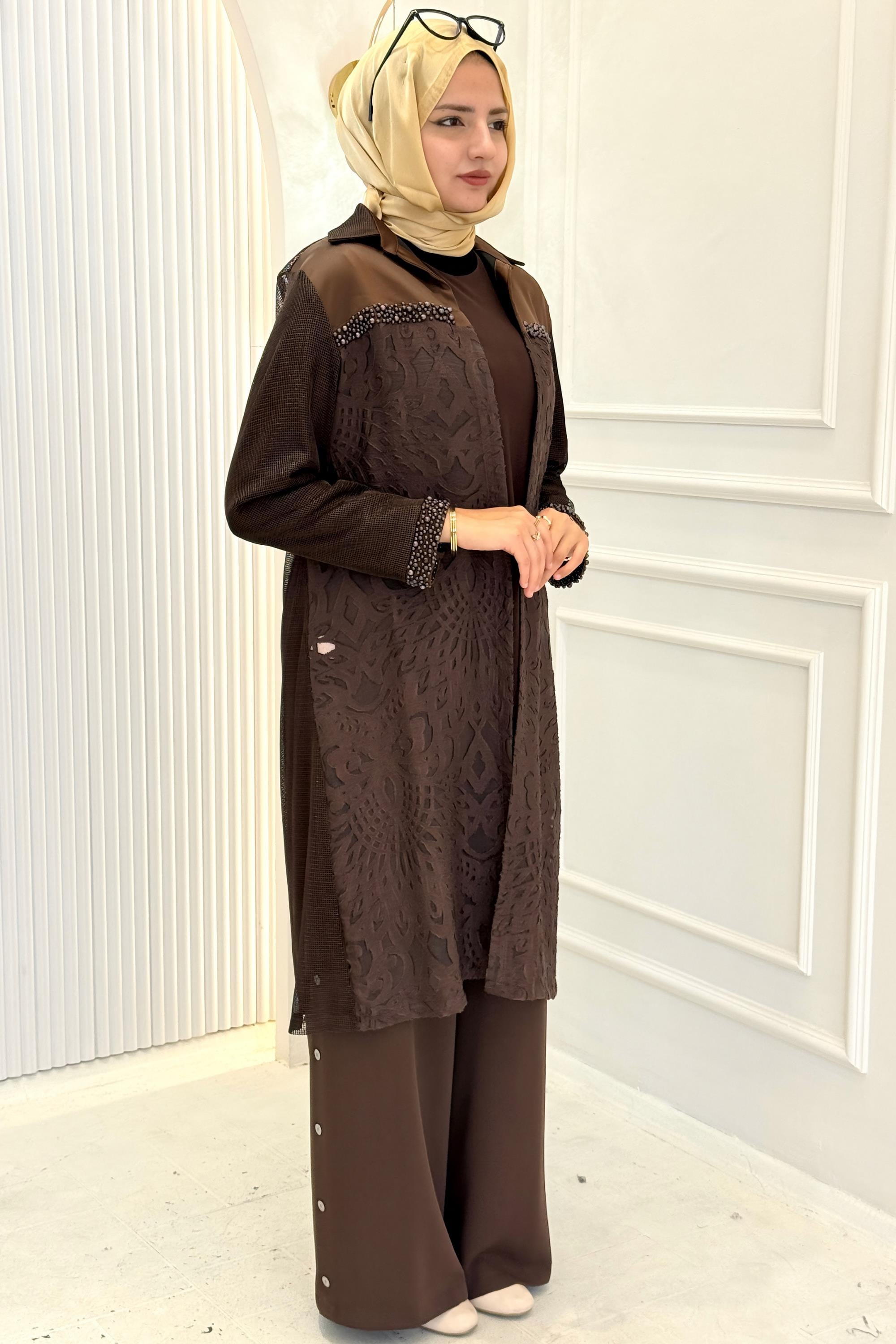 Büyük Beden Fileli Kimono İçlik İkili Takım Kahve OTW25140