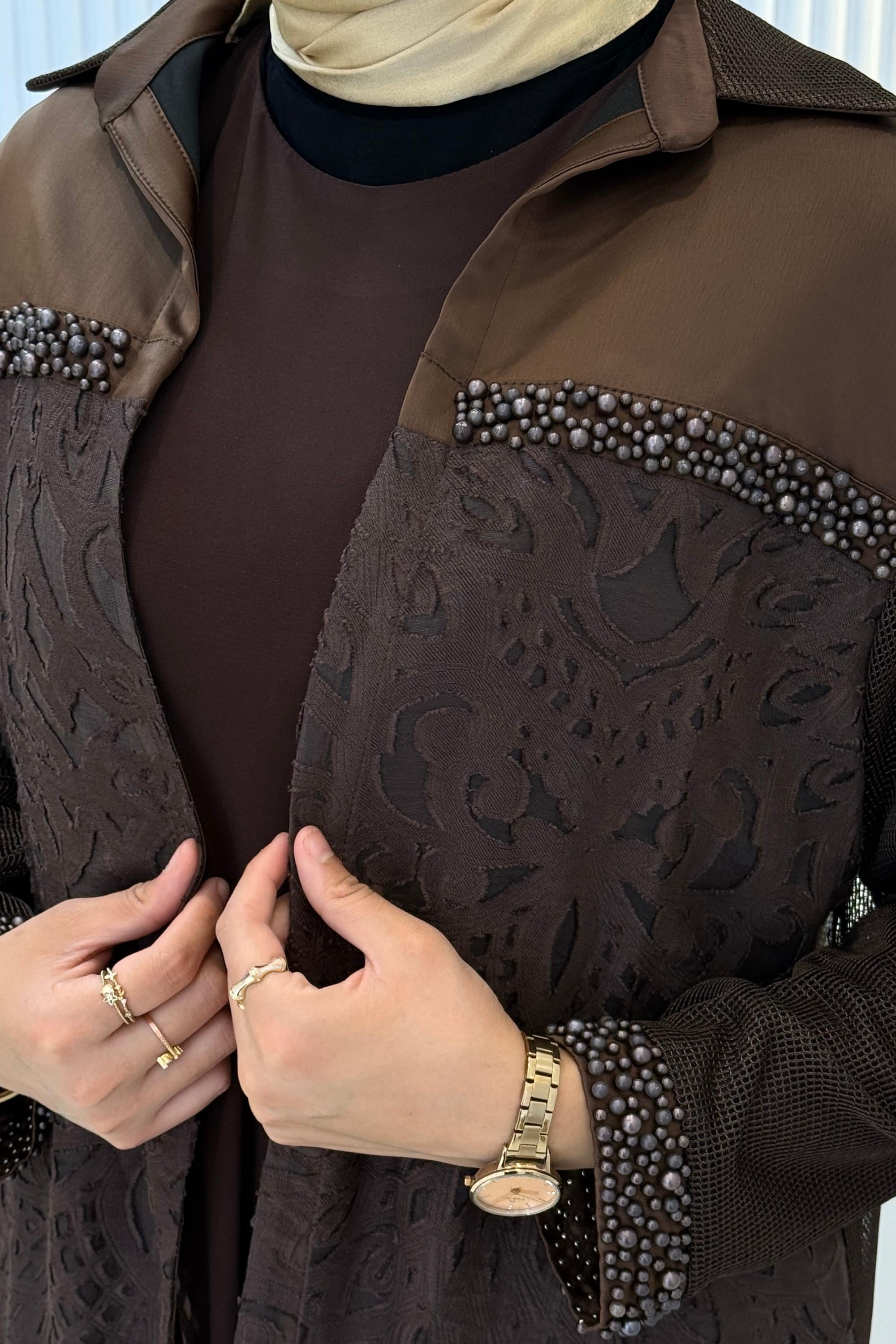 Büyük Beden Fileli Kimono İçlik İkili Takım Kahve OTW25140