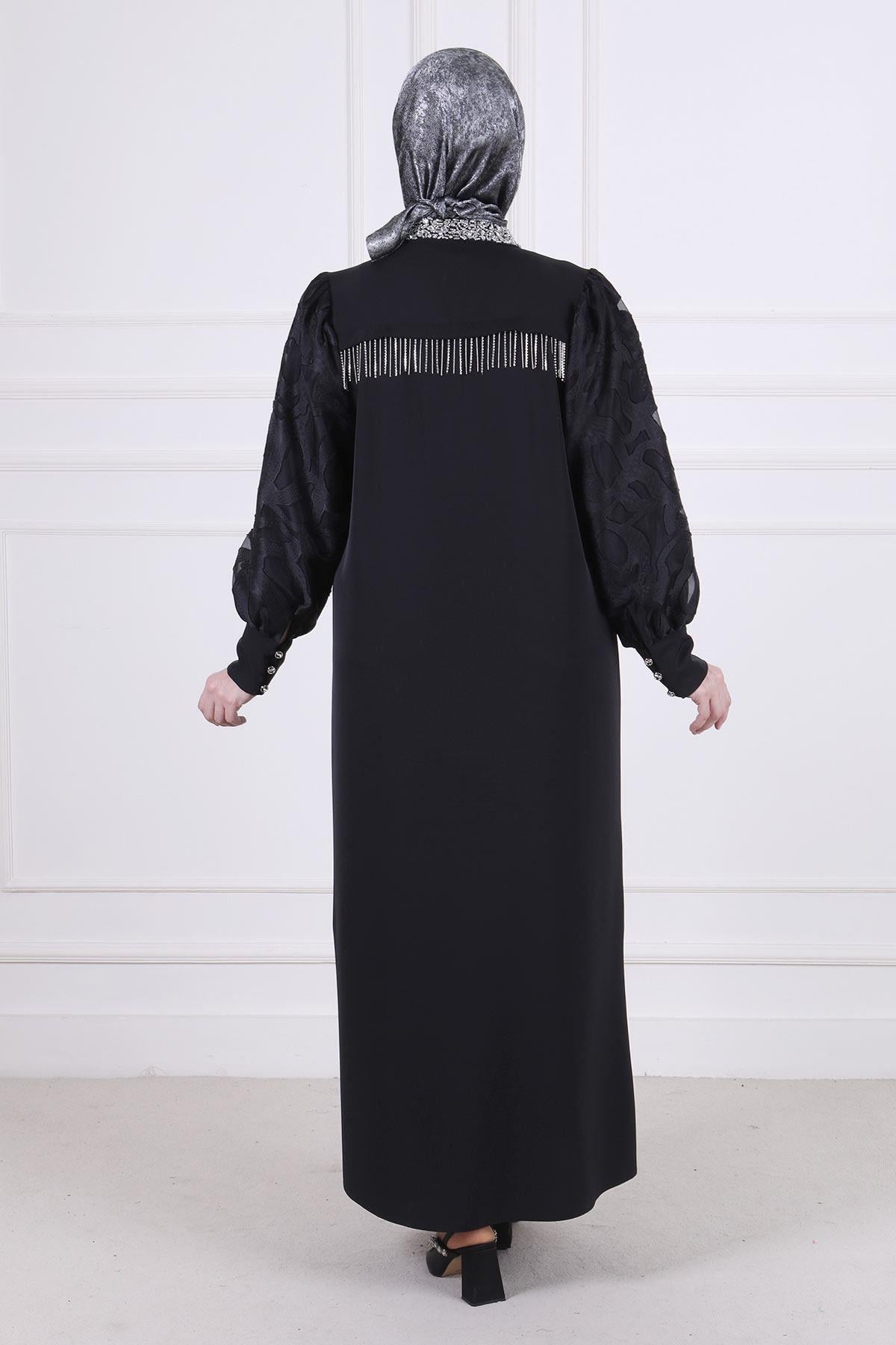 Büyük Beden Gizli Düğmeli Abaya Siyah OTW65010