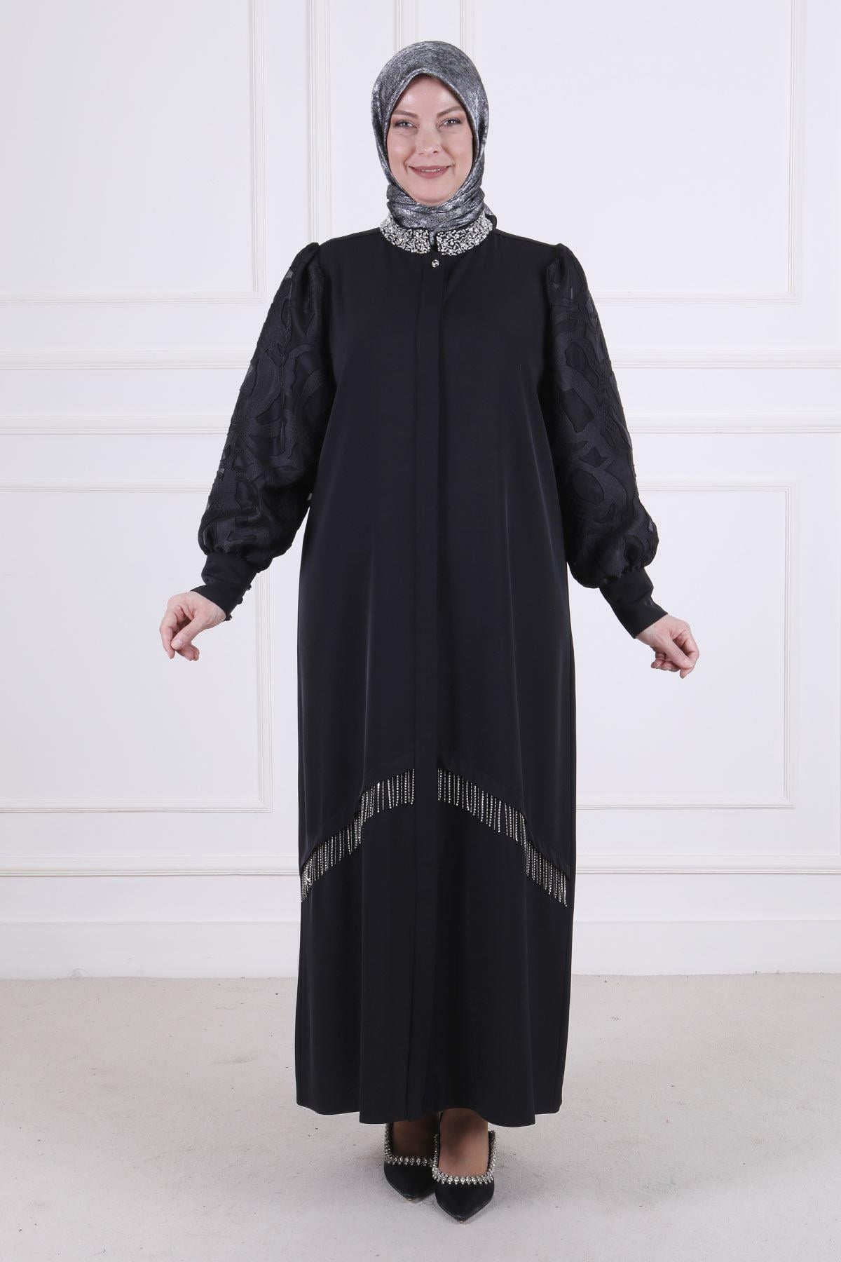 Büyük Beden Gizli Düğmeli Abaya Siyah OTW65010