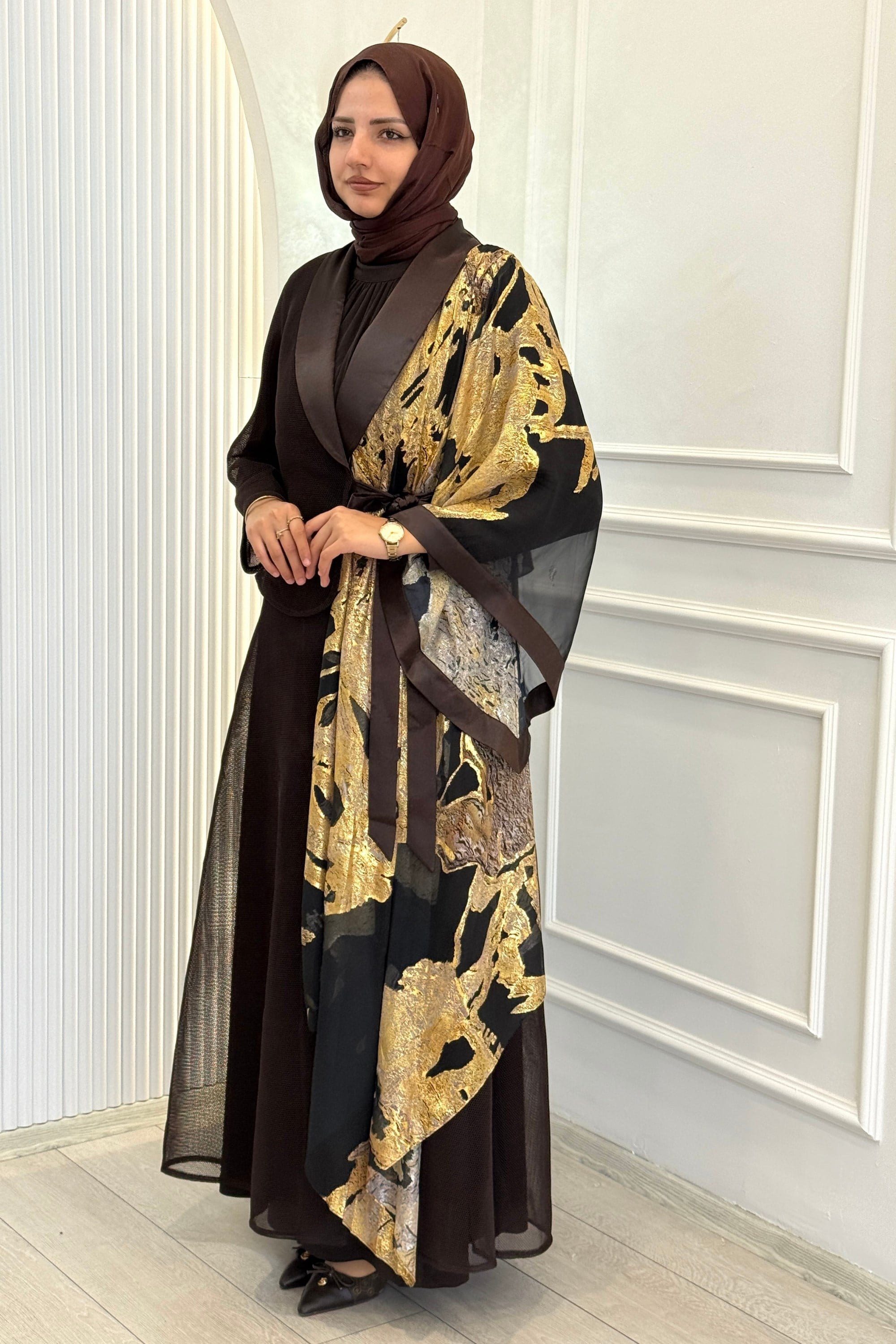 Büyük Beden Gold Desenli Abaya Takım Kahve OTW46925