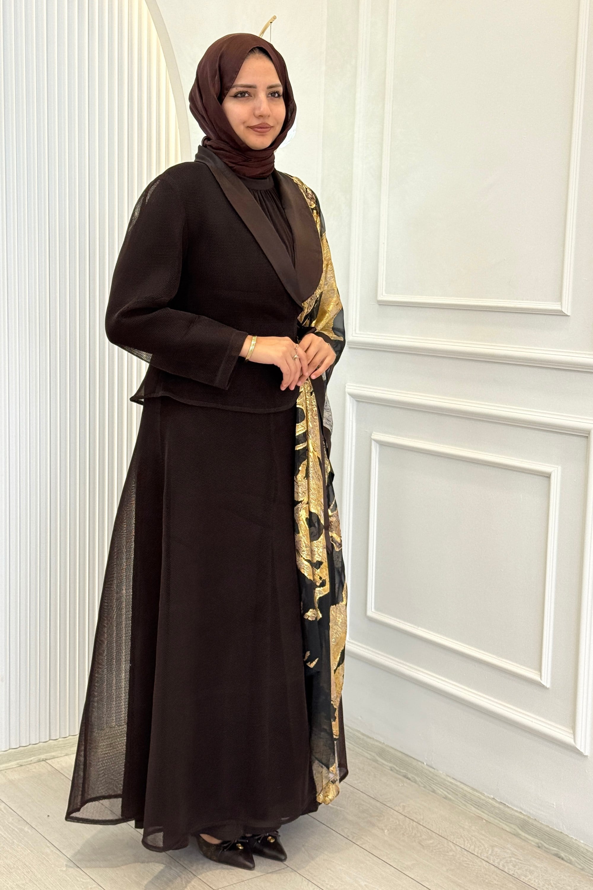 Büyük Beden Gold Desenli Abaya Takım Kahve OTW46925
