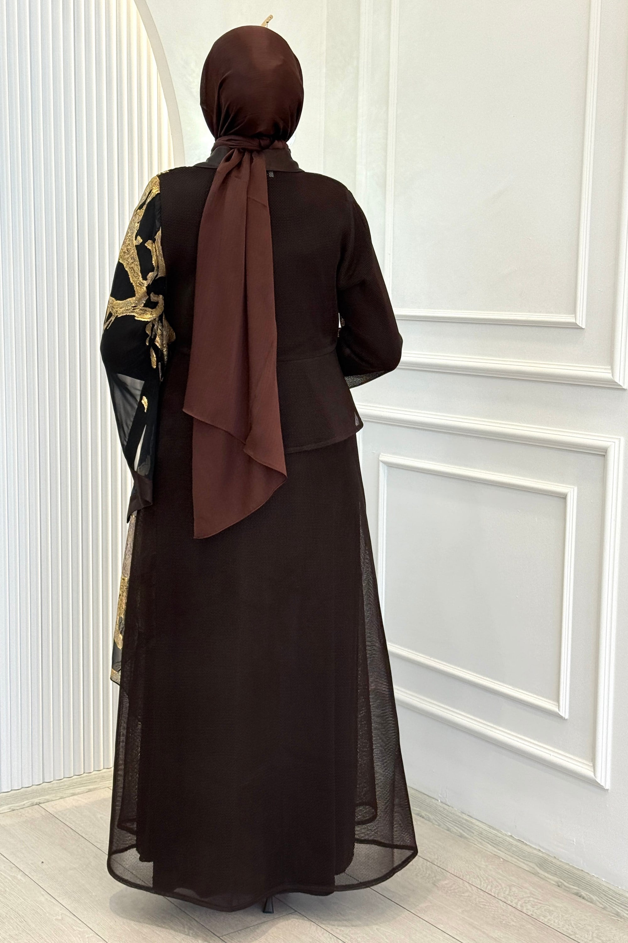 Büyük Beden Gold Desenli Abaya Takım Kahve OTW46925