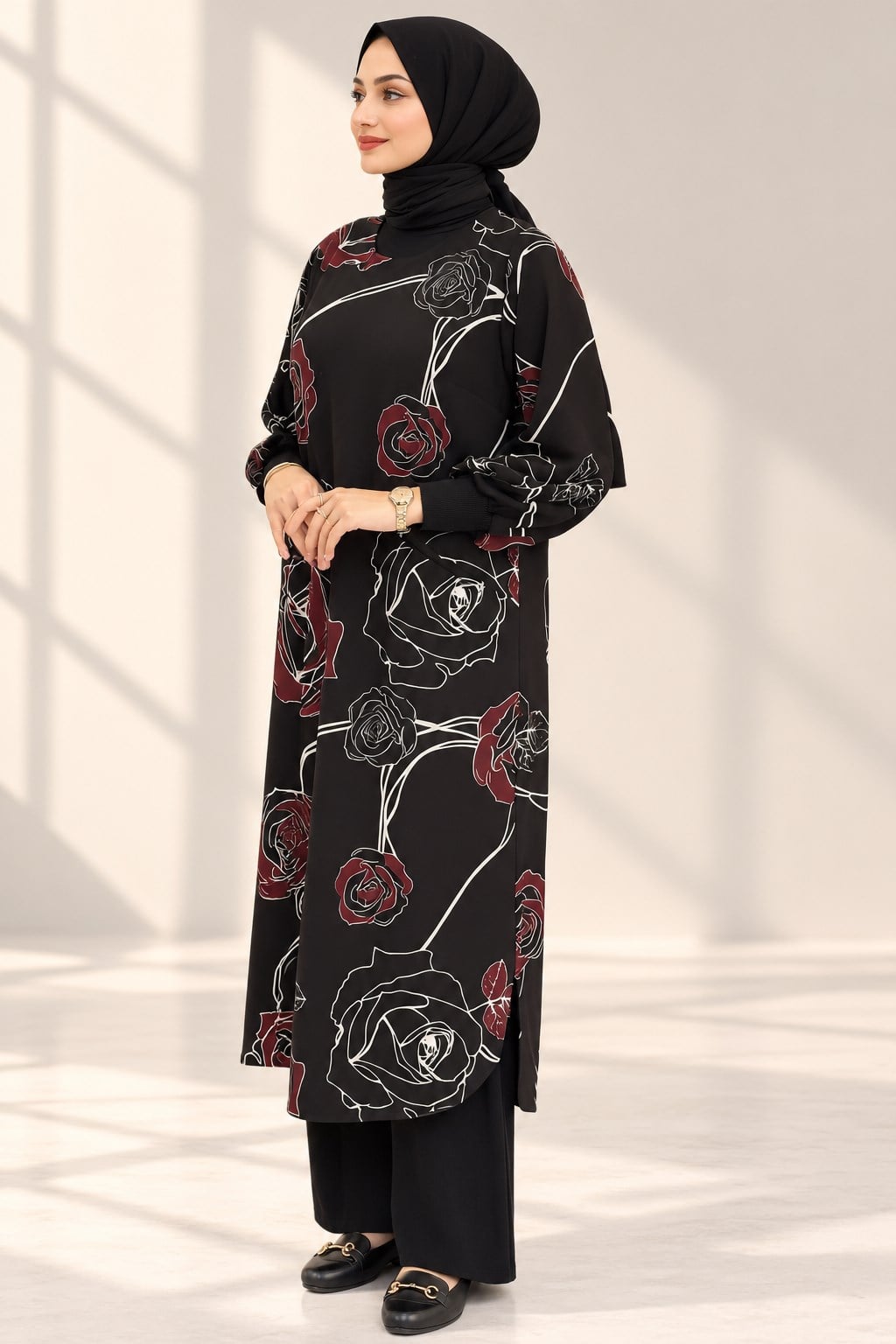 Büyük Beden Gül Desenli Elbise & Tunik Desenli OTW4330