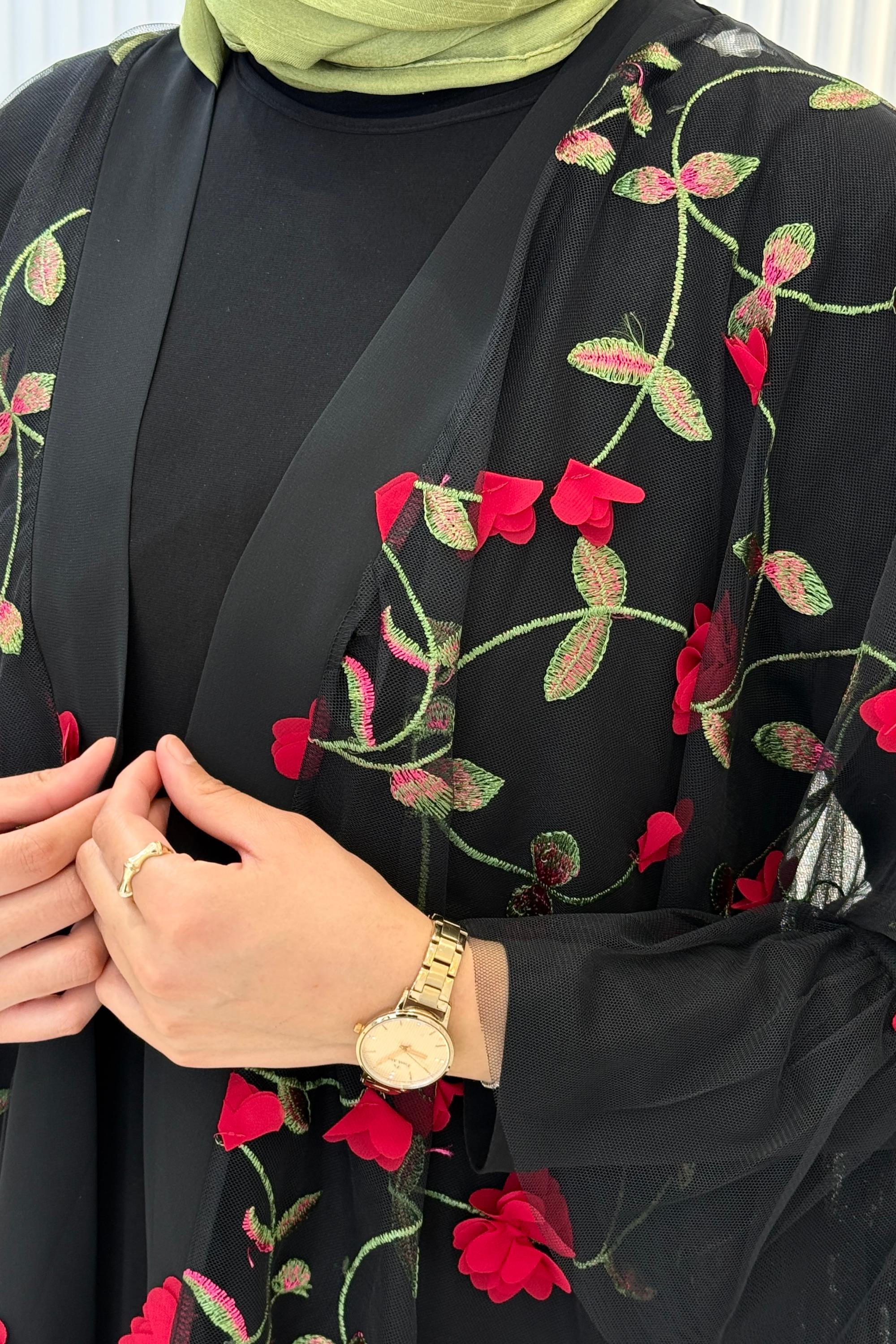 Büyük Beden Gül İşlemeli Tül Abaya Kırmızı OTW2632