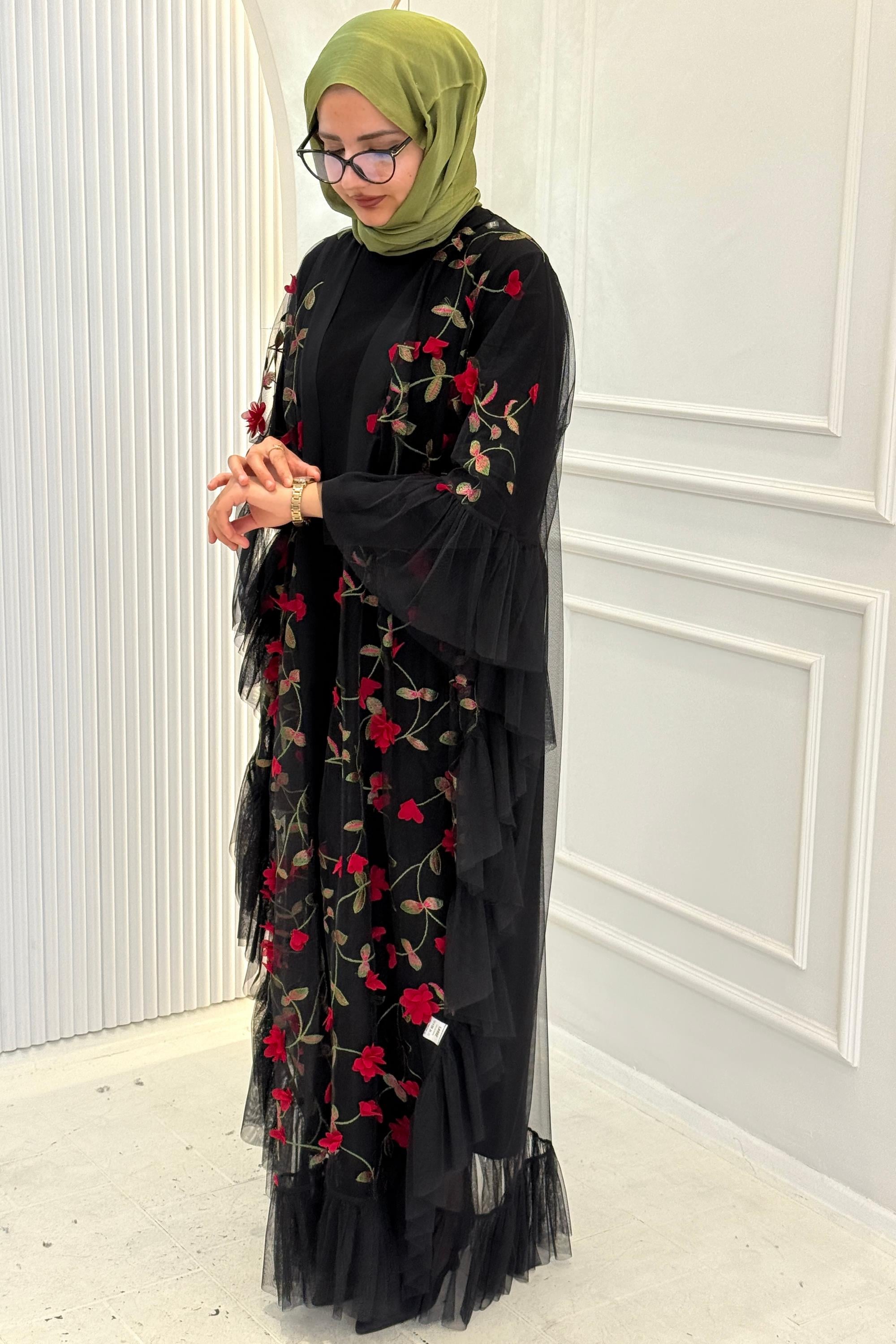Büyük Beden Gül İşlemeli Tül Abaya Kırmızı OTW2632