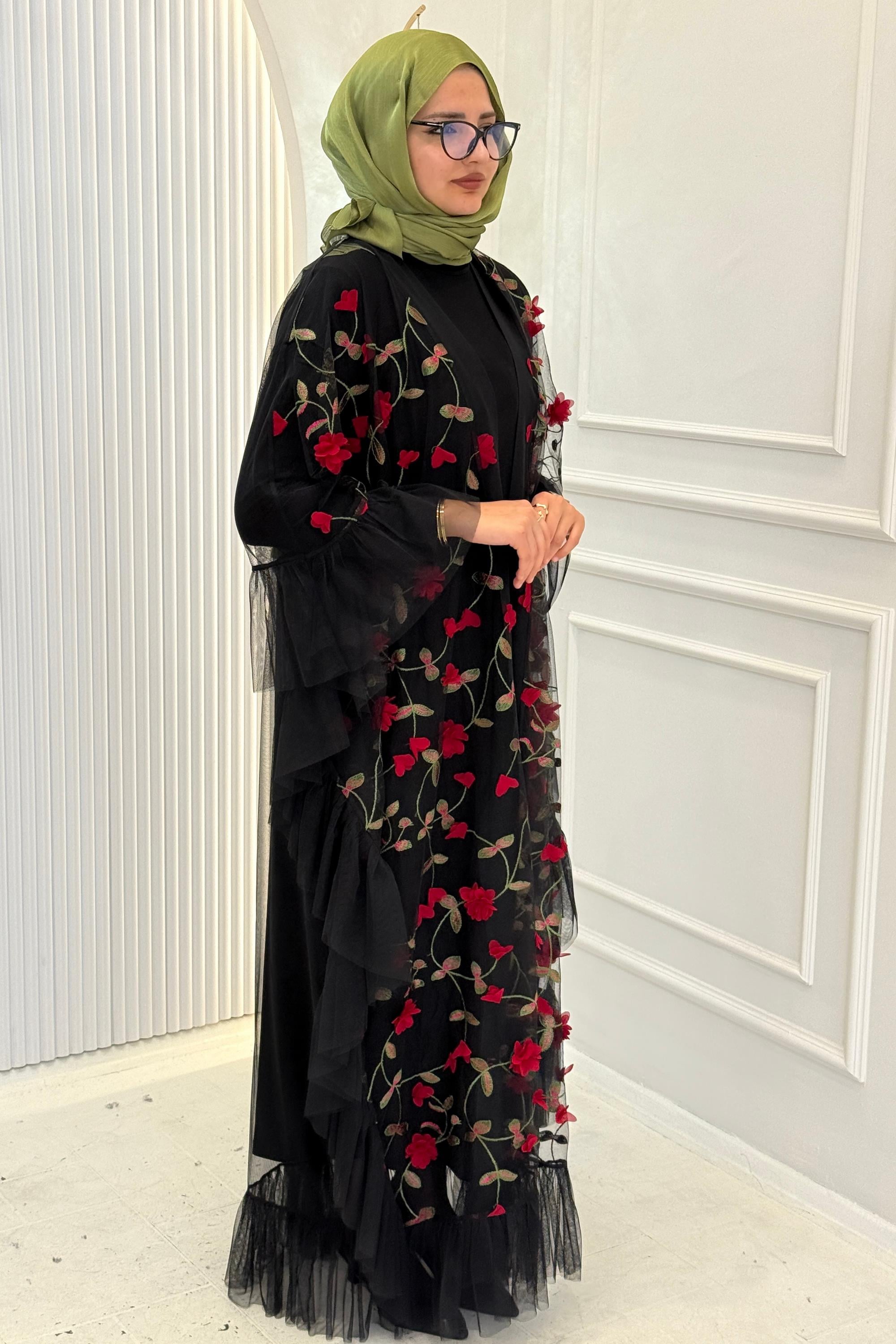 Büyük Beden Gül İşlemeli Tül Abaya Kırmızı OTW2632