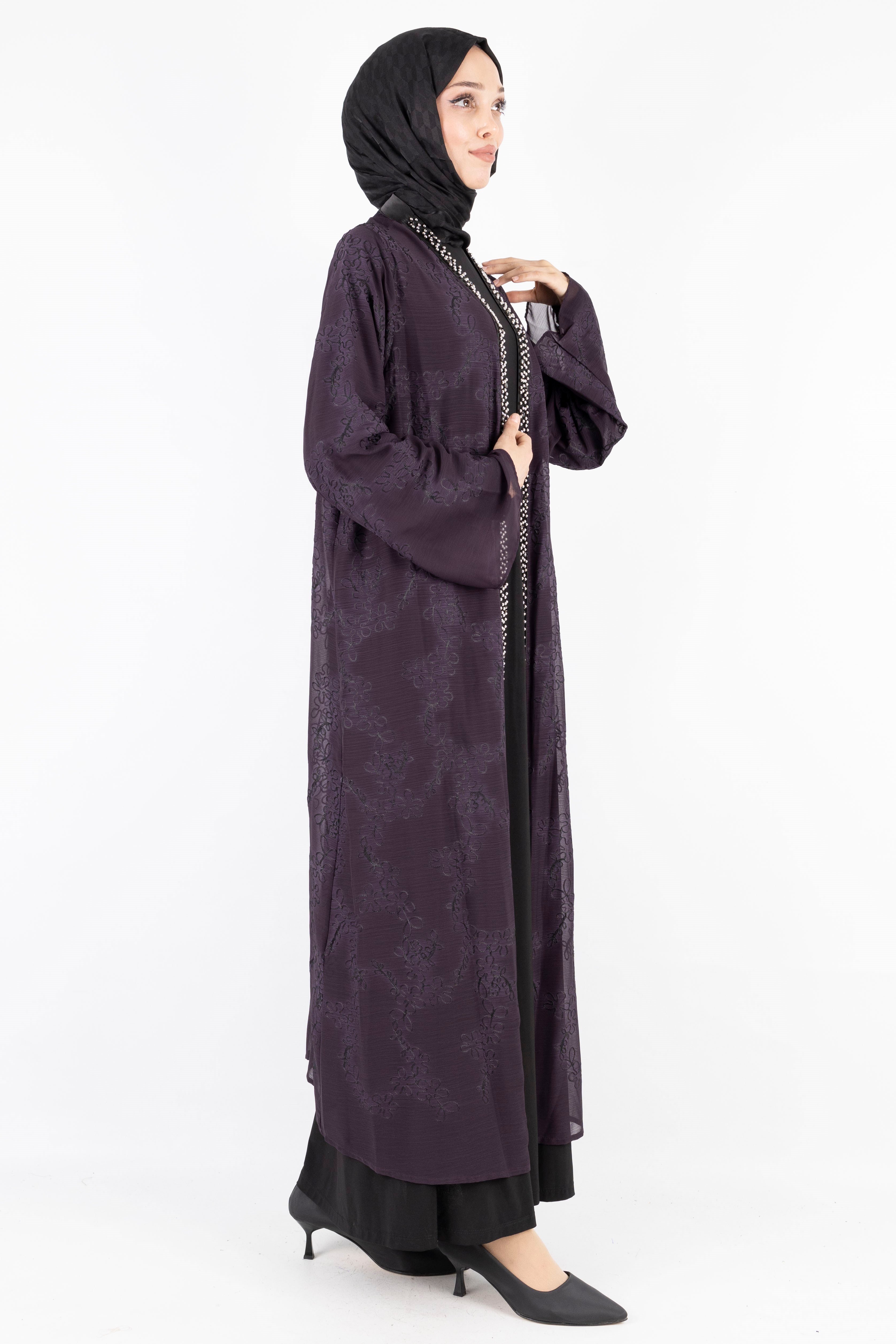 Büyük Beden İnci Çakmalı Abaya Takım Mürdüm OTW42924