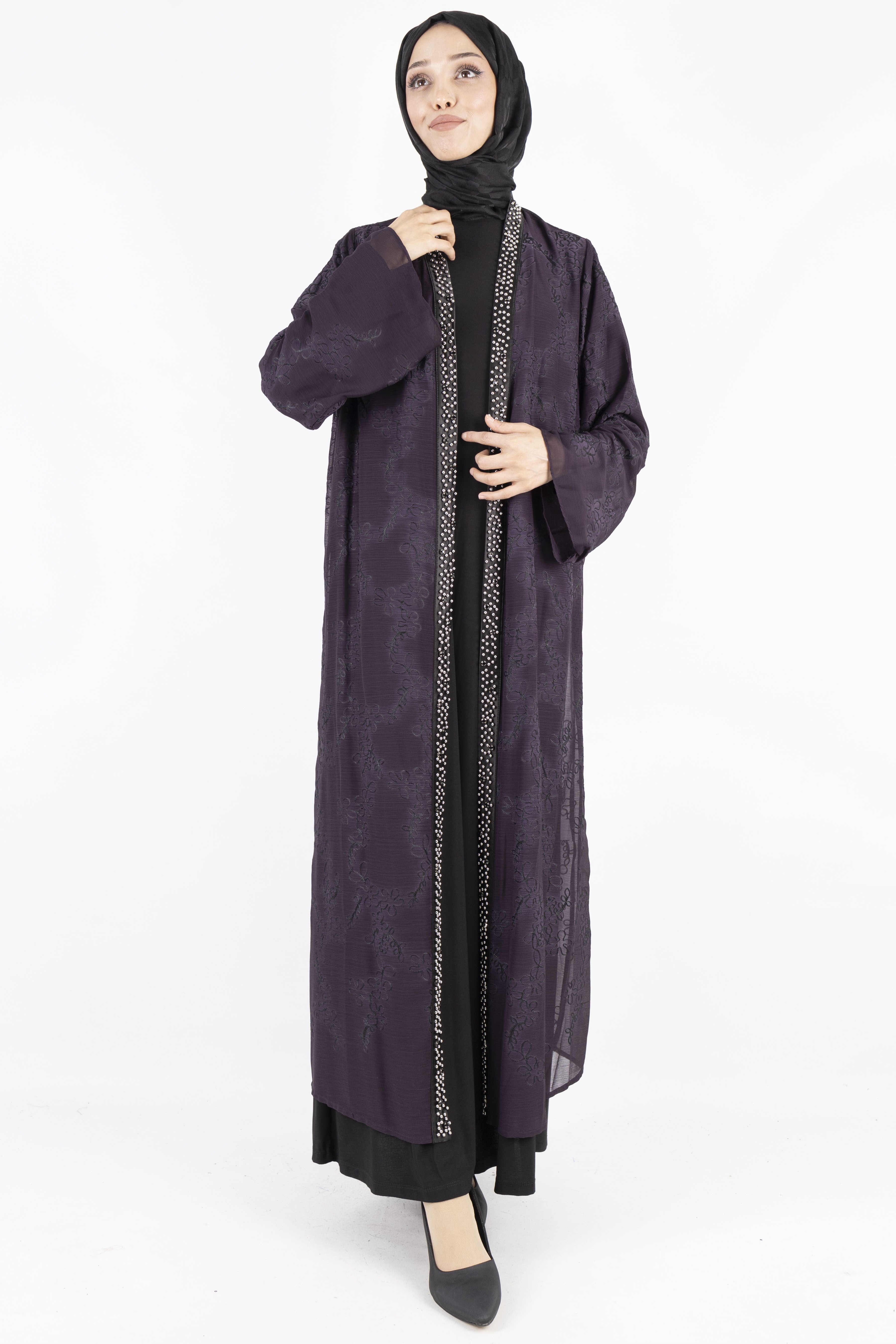 Büyük Beden İnci Çakmalı Abaya Takım Mürdüm OTW42924