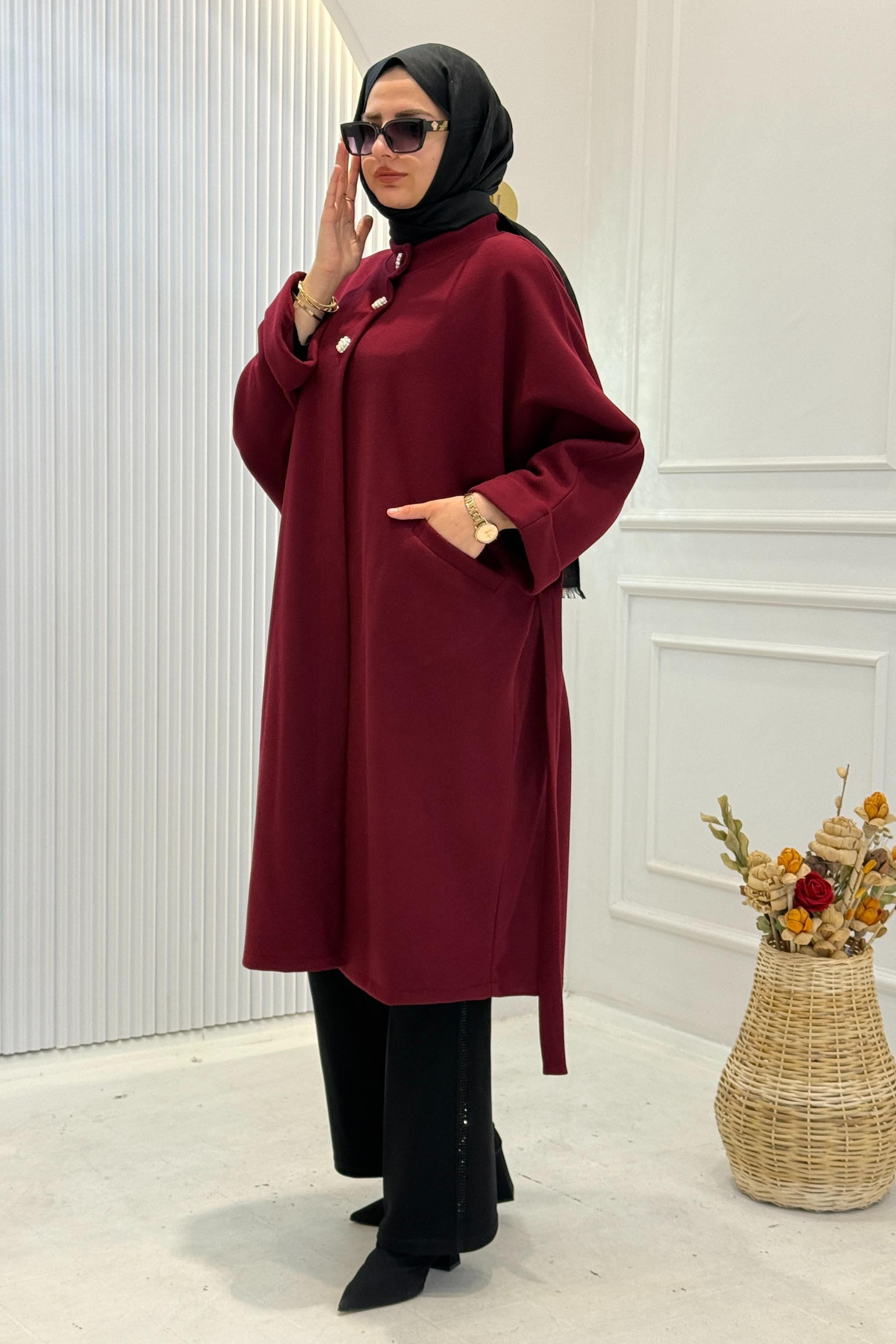 Büyük Beden İnci Düğmeli Kuşaklı Kaban Bordo OTW9818