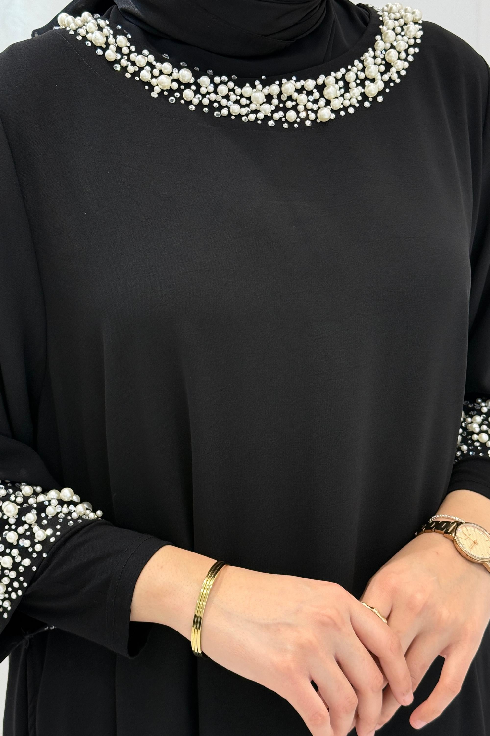 Büyük Beden İnci İşlemeli Tesettür Elbise Siyah OTW1950