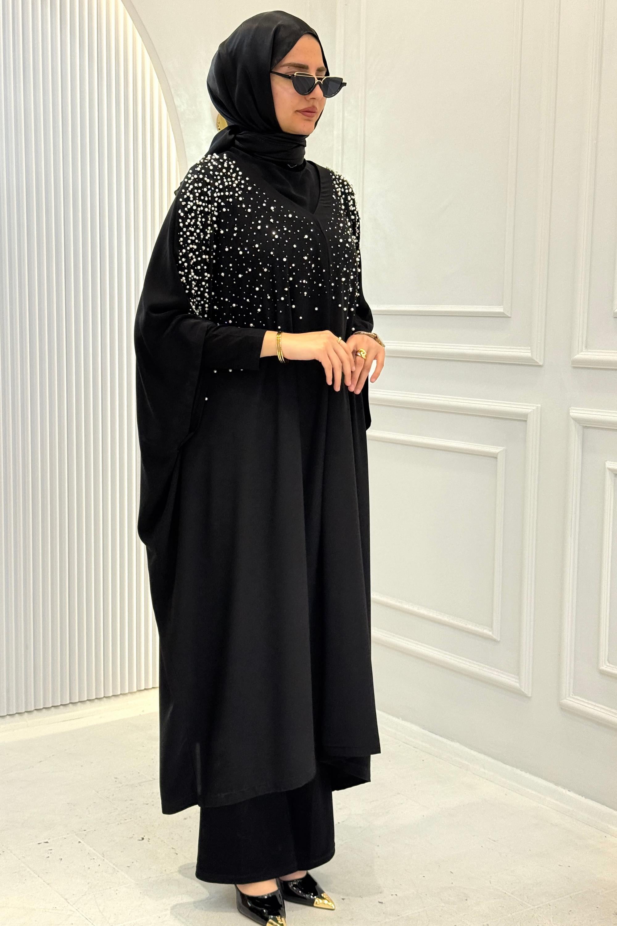 Büyük Beden İnci Taşlı Yarasa Kol Abaya Siyah OTW1776