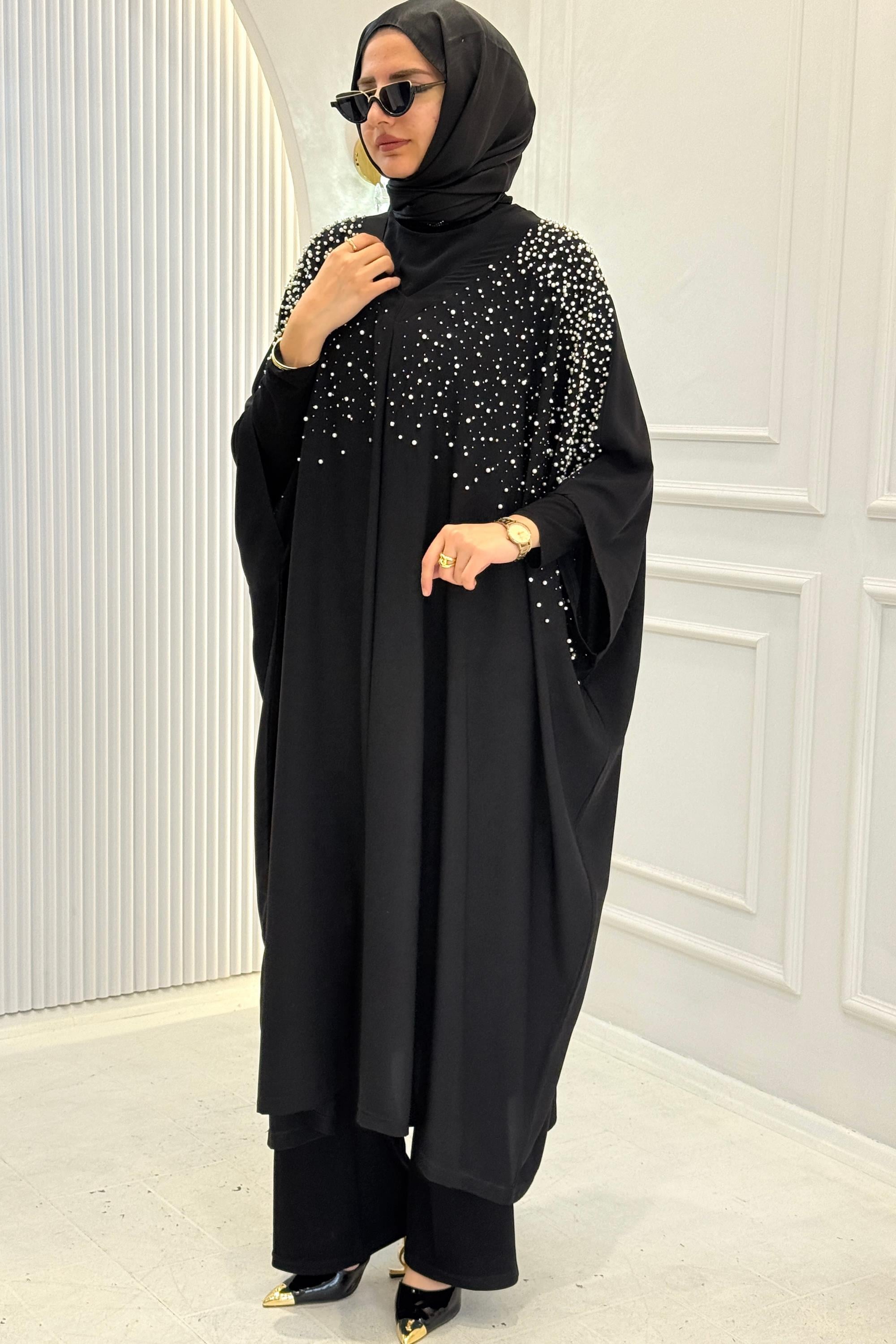 Büyük Beden İnci Taşlı Yarasa Kol Abaya Siyah OTW1776