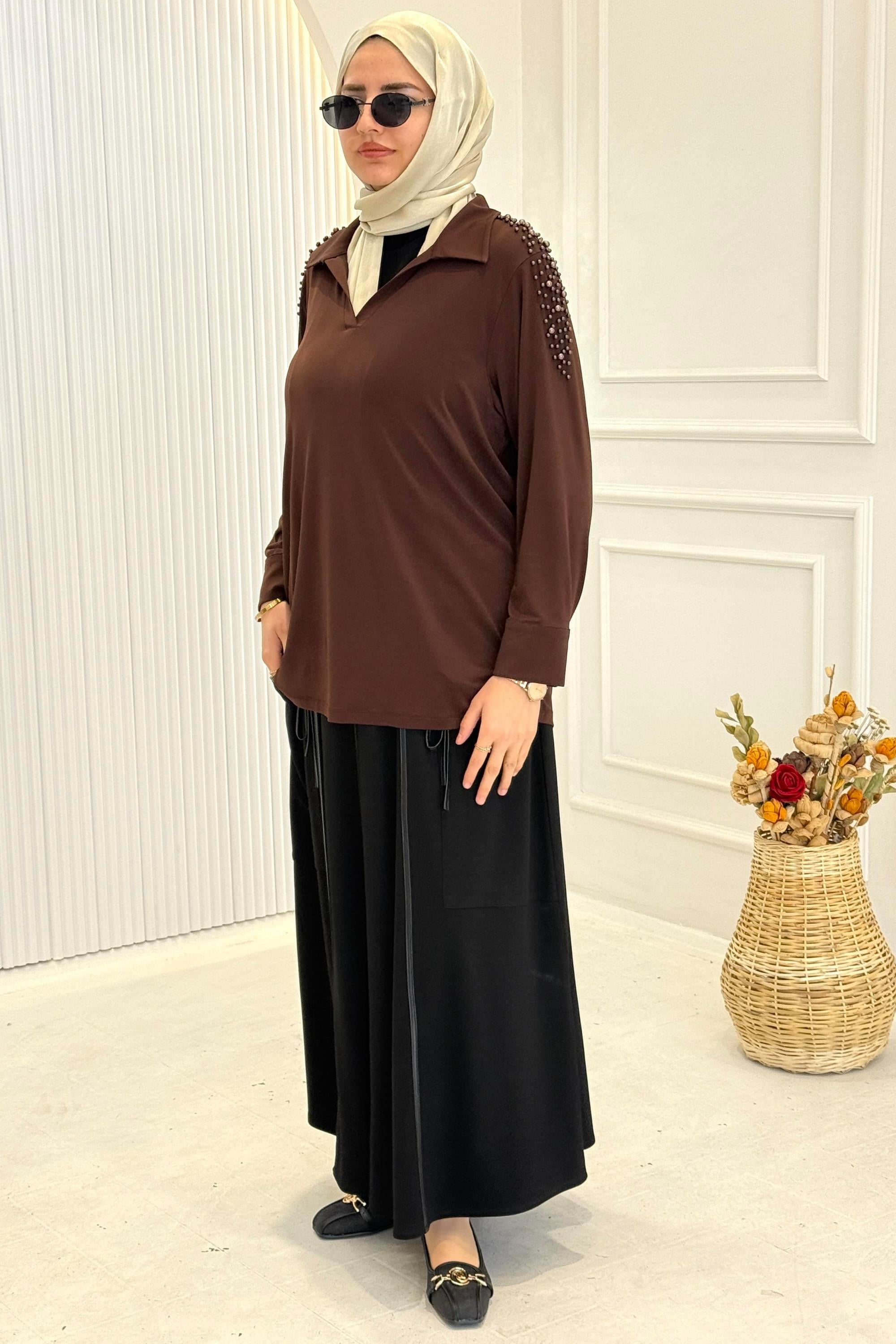 Büyük Beden İncili Çelik Örme Bluz Kahve OTW3411