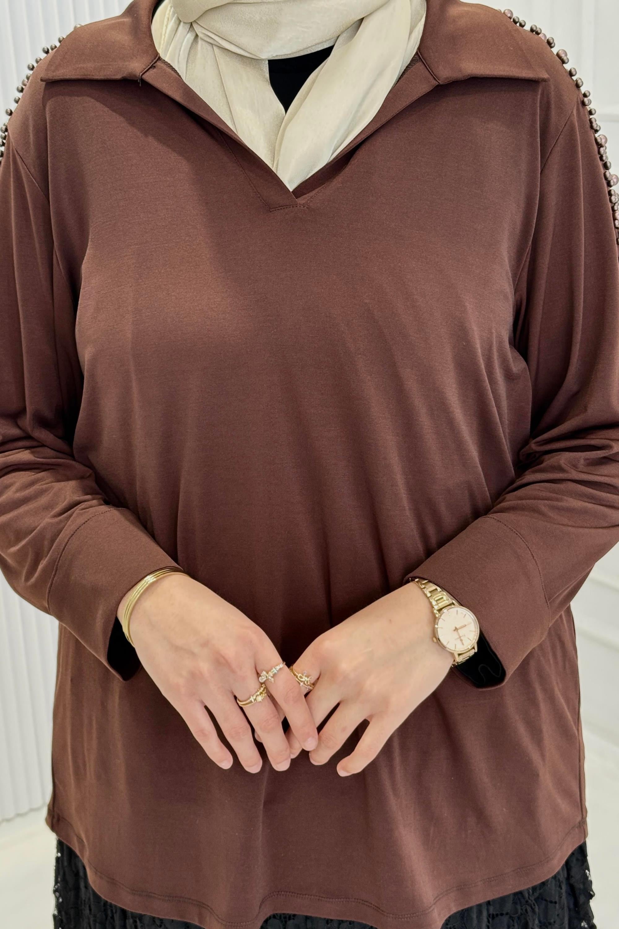 Büyük Beden İncili Çelik Örme Bluz Kahve OTW3411