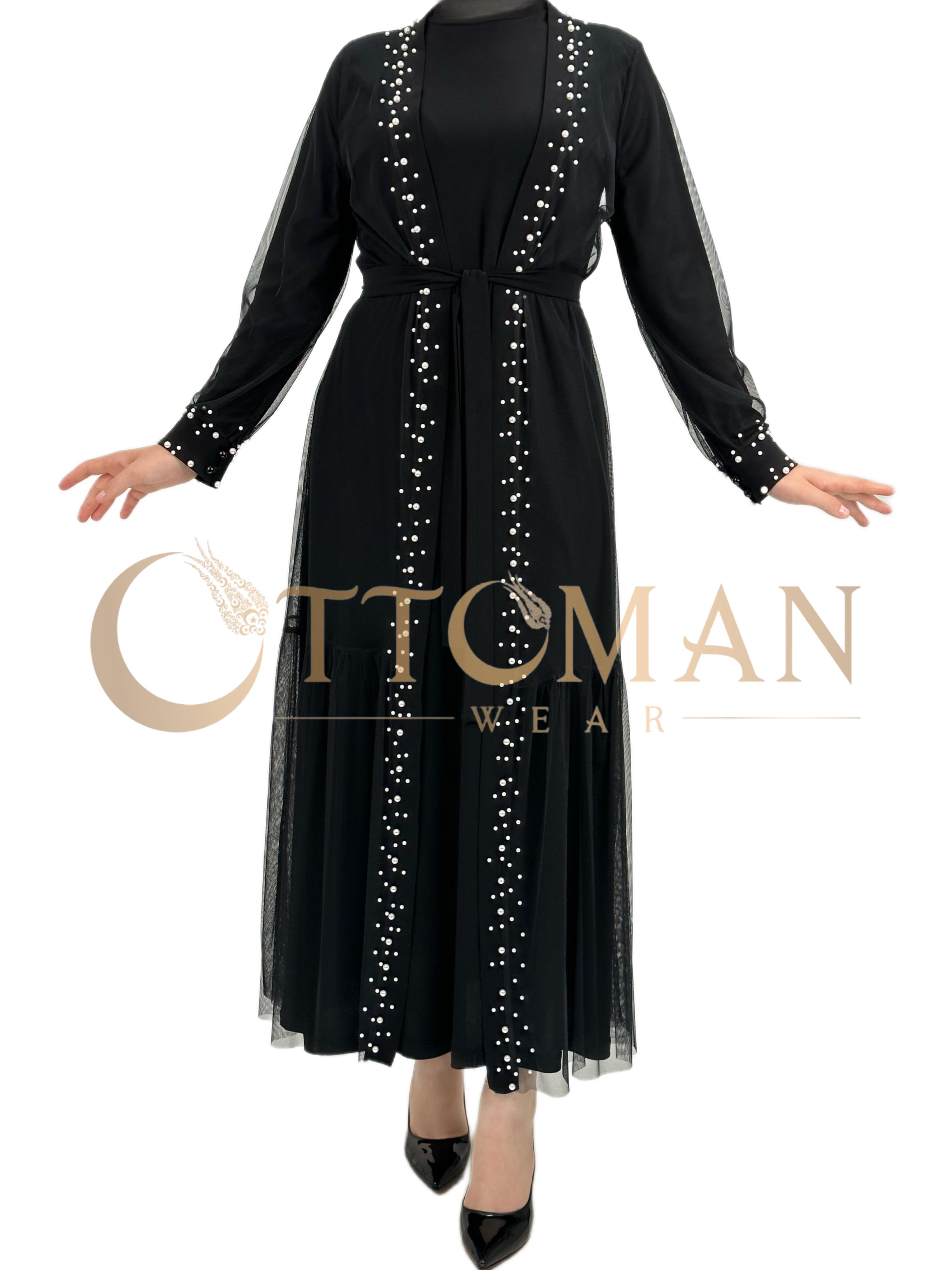 Büyük Beden İncili Tül Abaya ve  Elbise Siyah OTW788