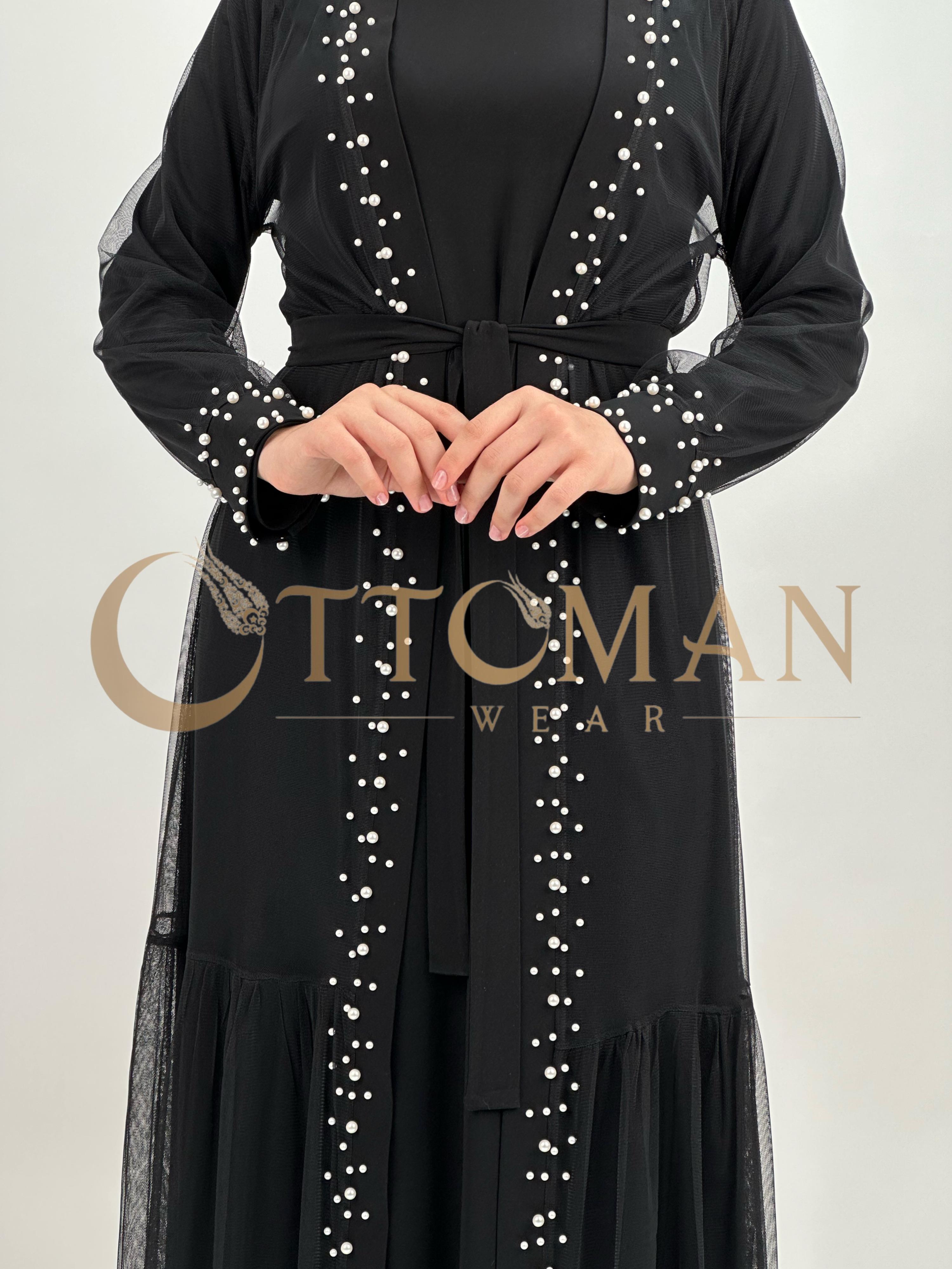 Büyük Beden İncili Tül Abaya ve  Elbise Siyah OTW788