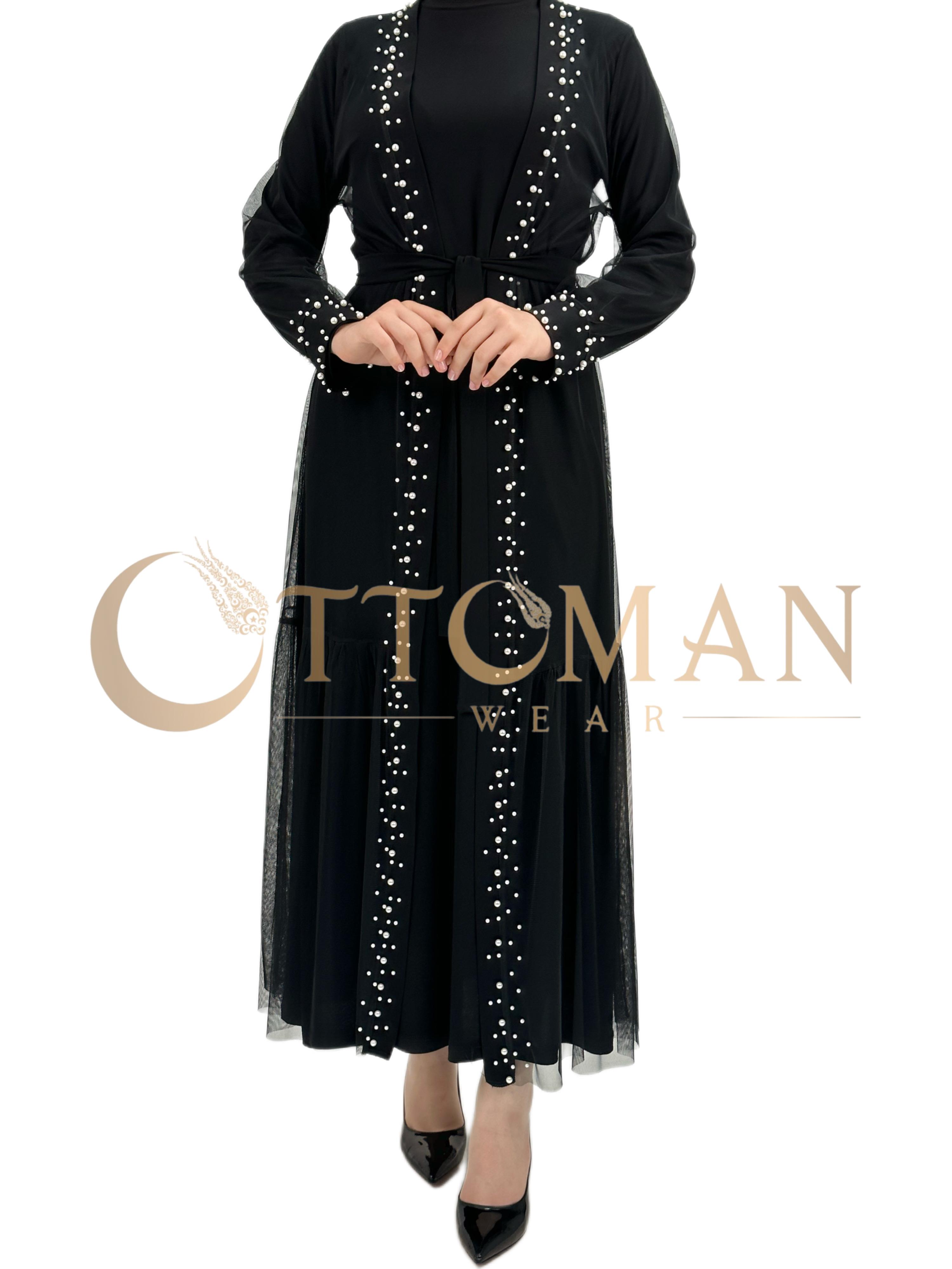 Büyük Beden İncili Tül Abaya ve  Elbise Siyah OTW788