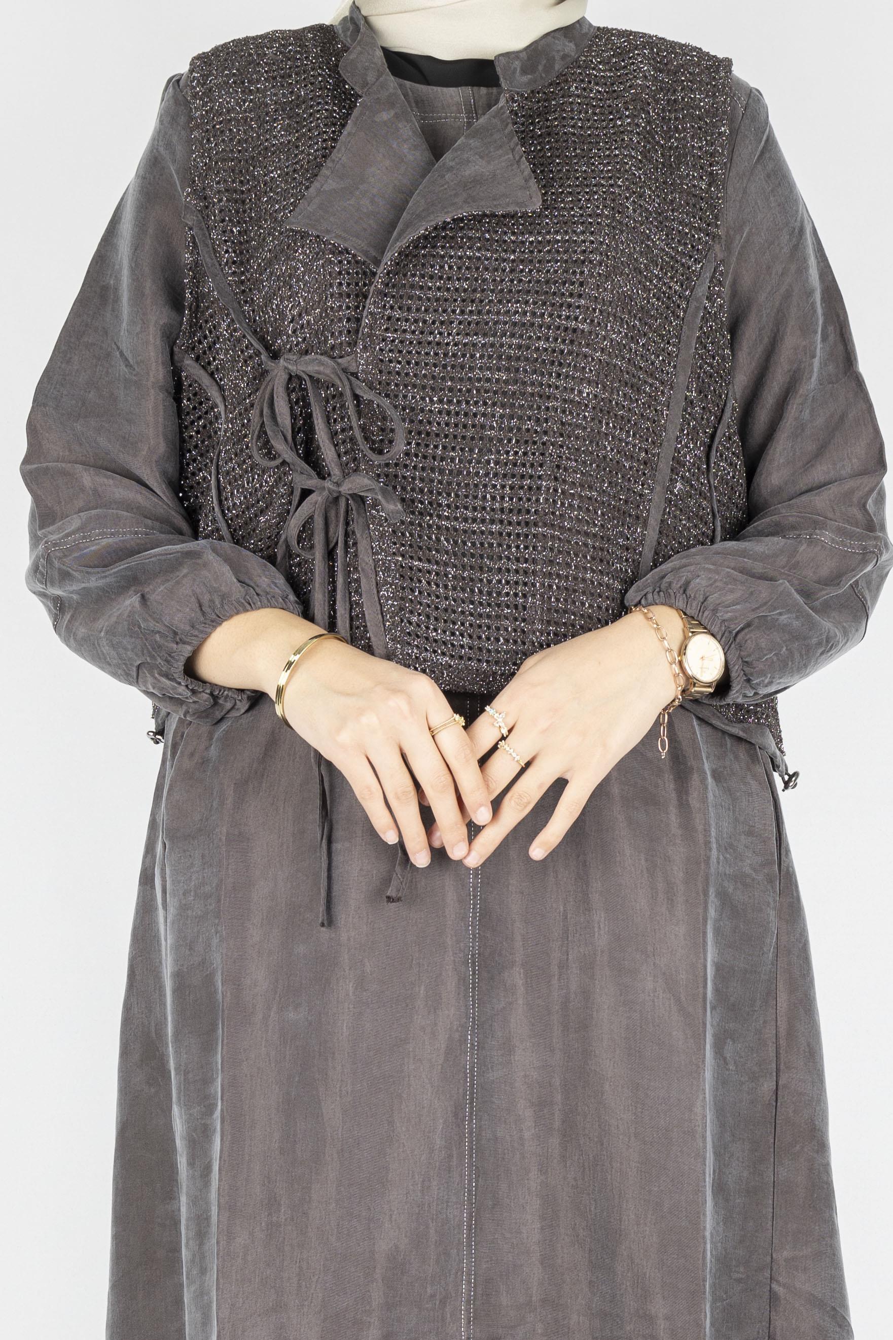 Büyük Beden İpek Qupra Yelek Detaylı Elbise Kahve OTW6059