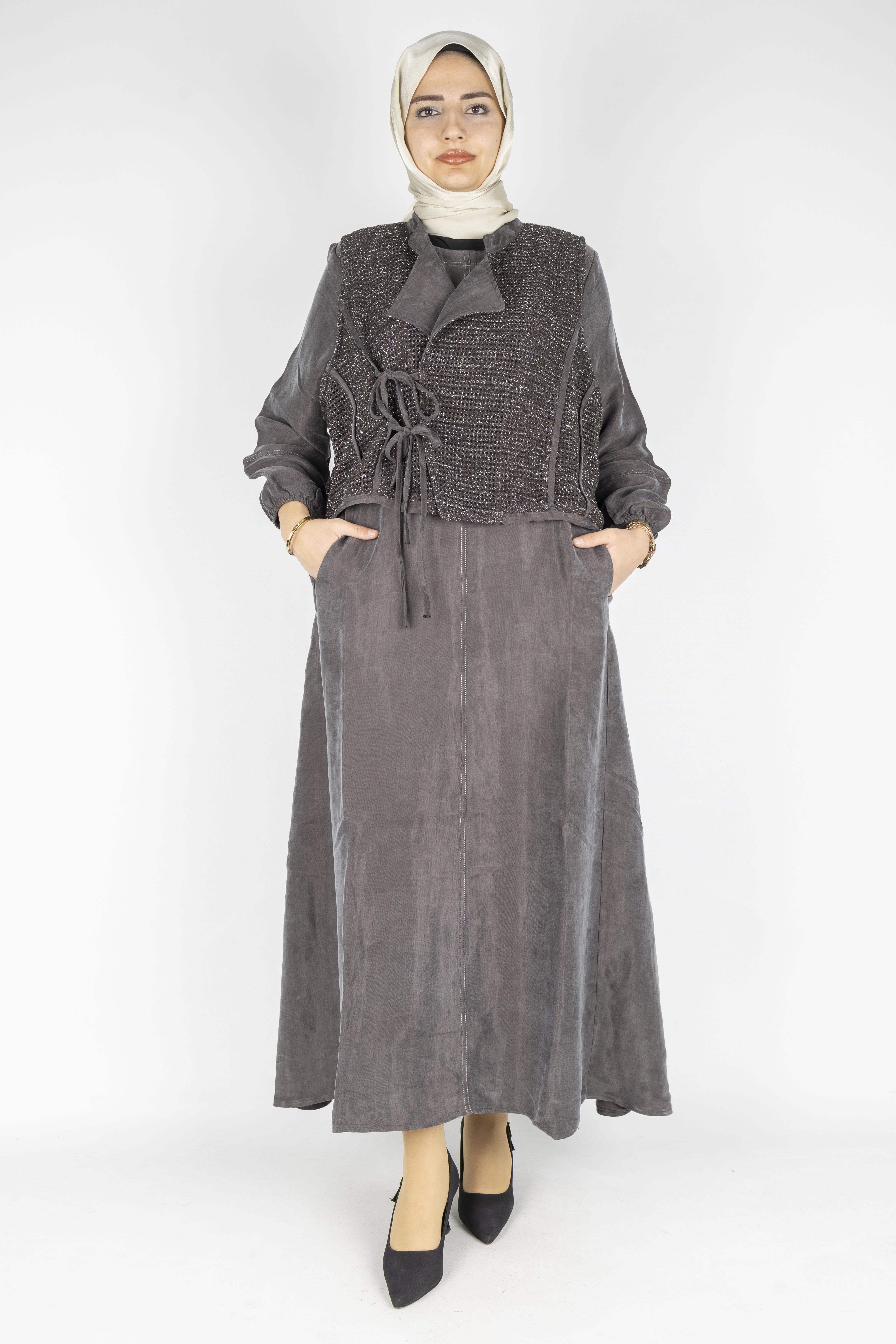 Büyük Beden İpek Qupra Yelek Detaylı Elbise Kahve OTW6059