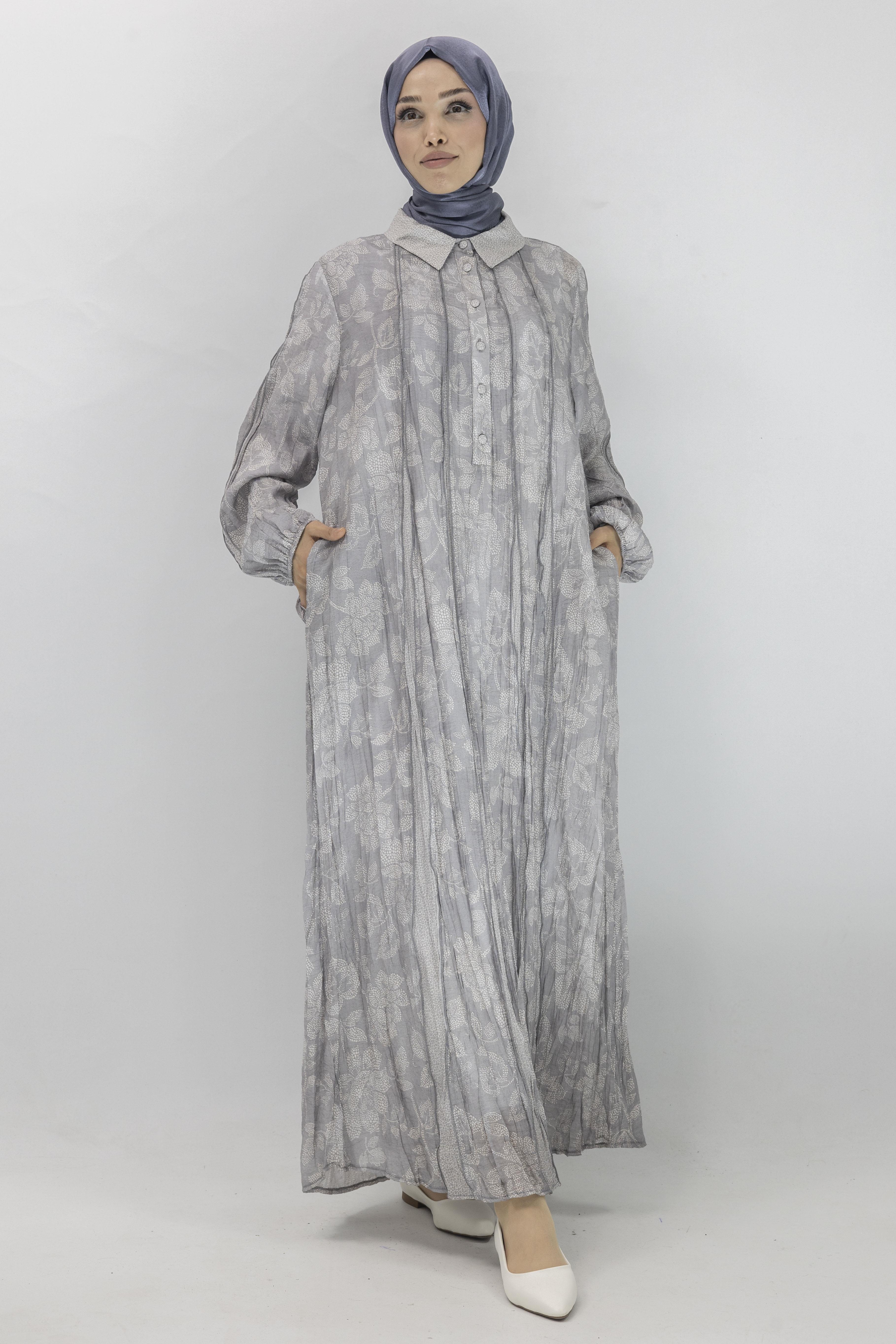 Büyük Beden İpek Viskon Astarlı Viscose Elbise Gri OTW5905