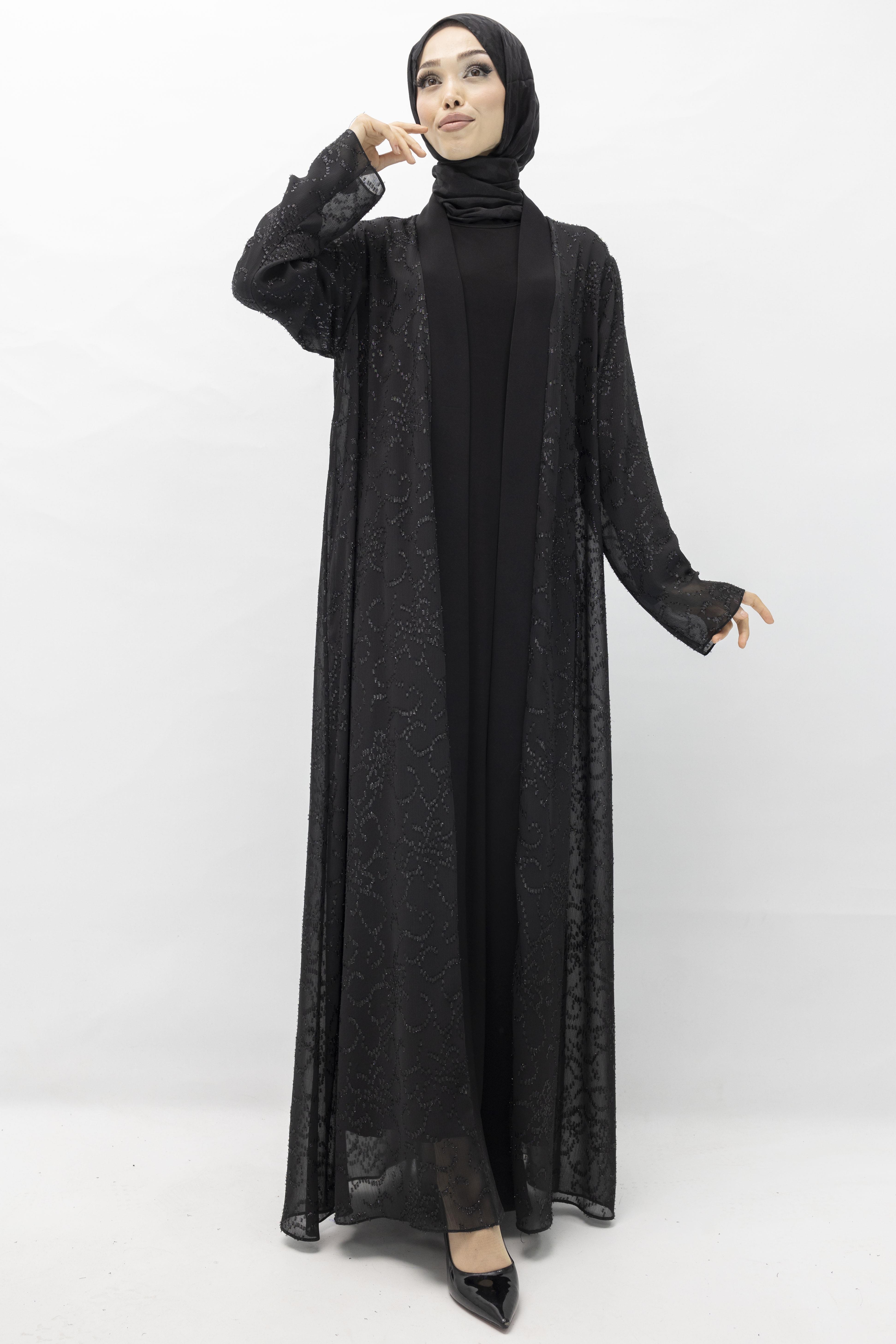 Büyük Beden Jakar Kumaş Abaya Takım Siyah OTW551