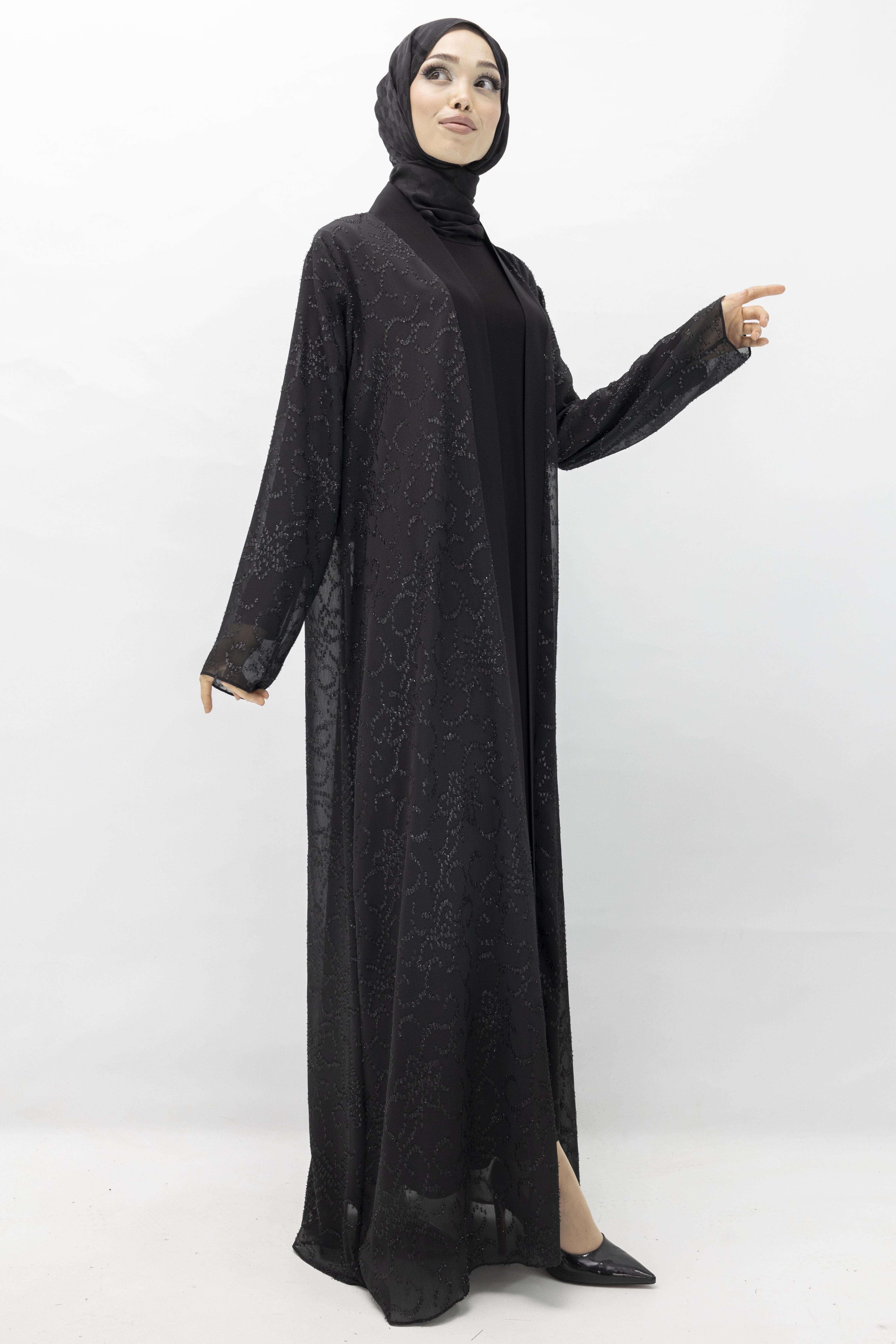 Büyük Beden Jakar Kumaş Abaya Takım Siyah OTW551
