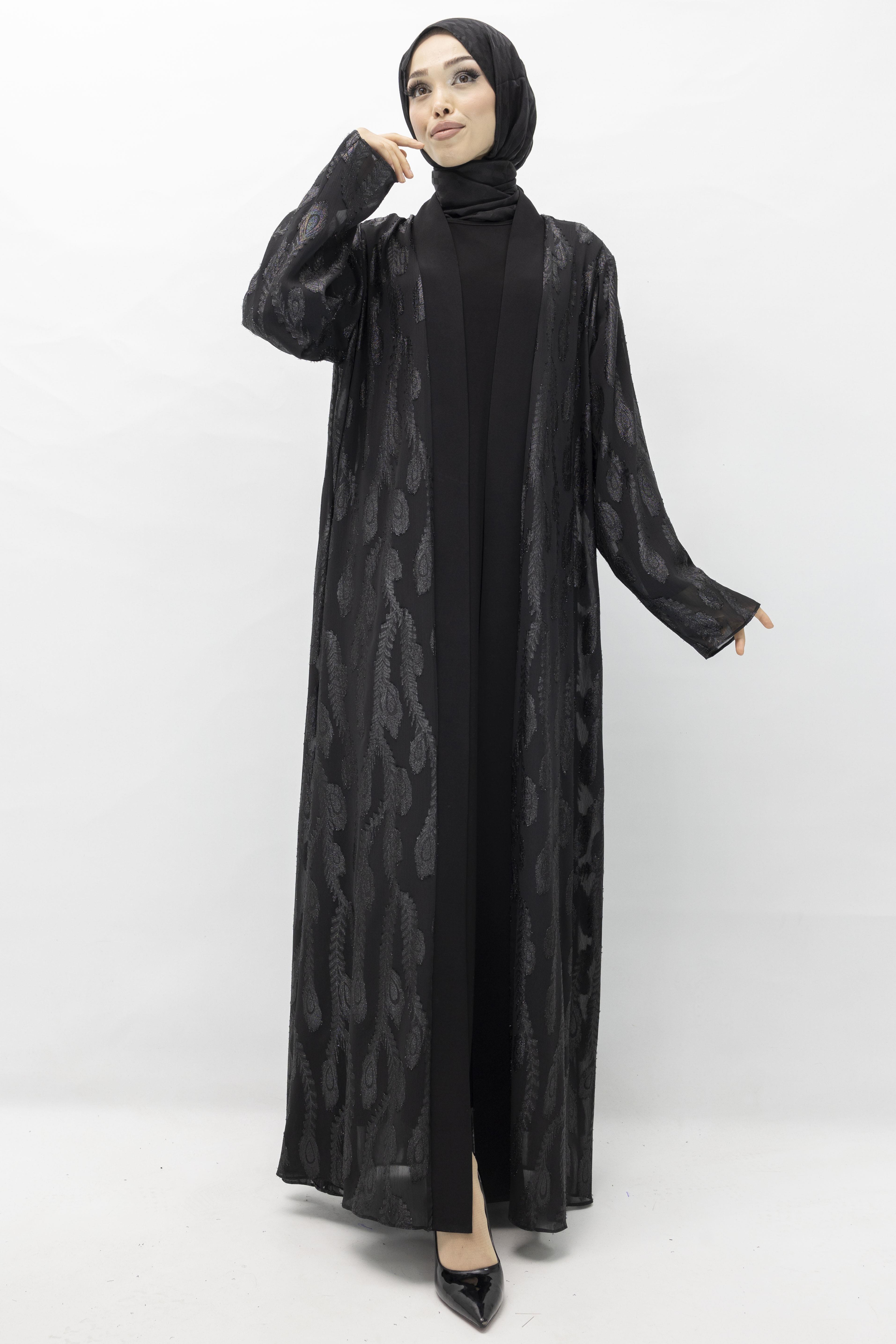 Büyük Beden Jakarlı Abaya Takım Siyah OTW552