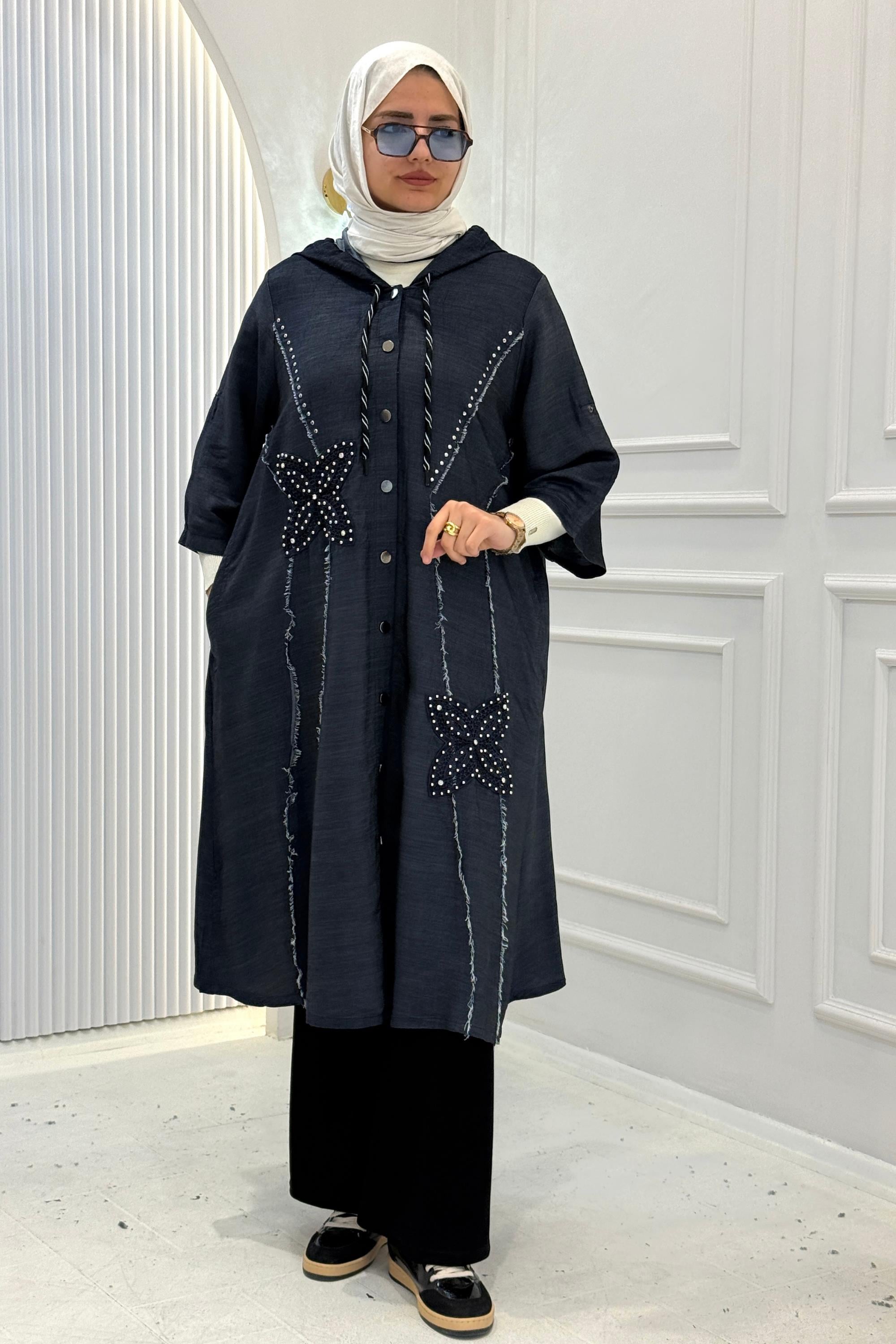 Büyük Beden Kapüşonlu Taş İşlemeli Denim Kap Lacivert OTW1279