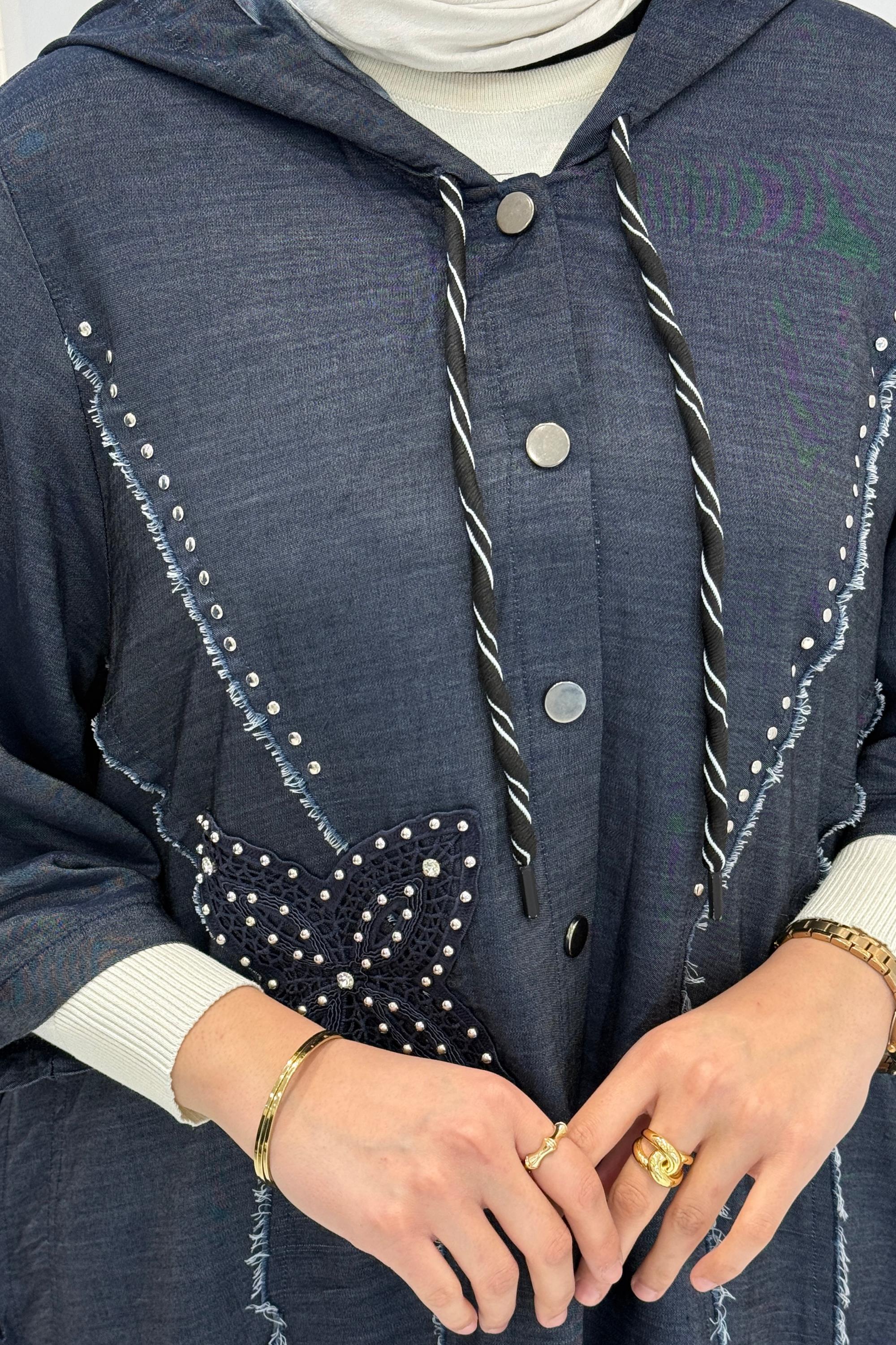 Büyük Beden Kapüşonlu Taş İşlemeli Denim Kap Lacivert OTW1279