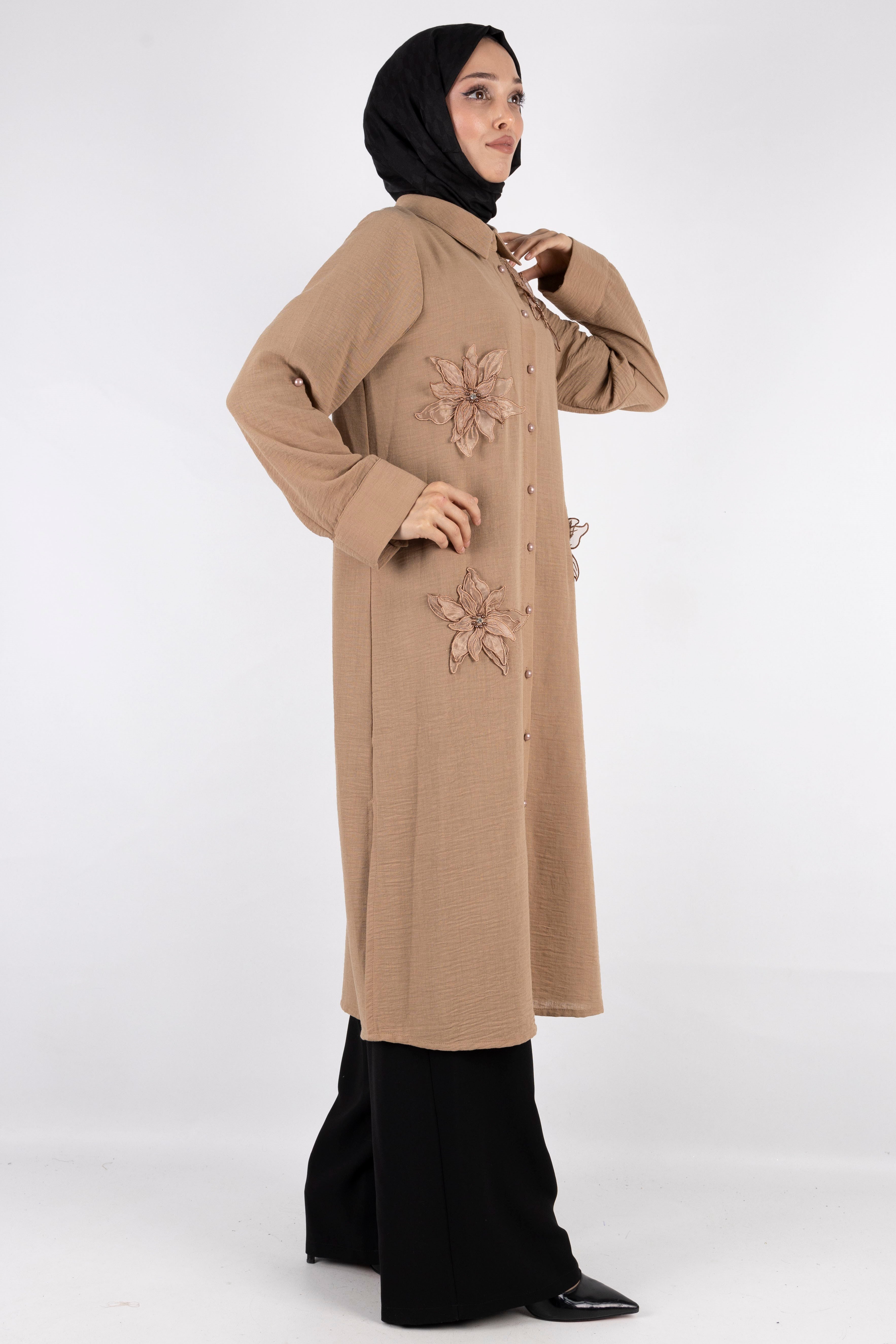 Büyük Beden Keten  Gömlek Vizon OTW44418