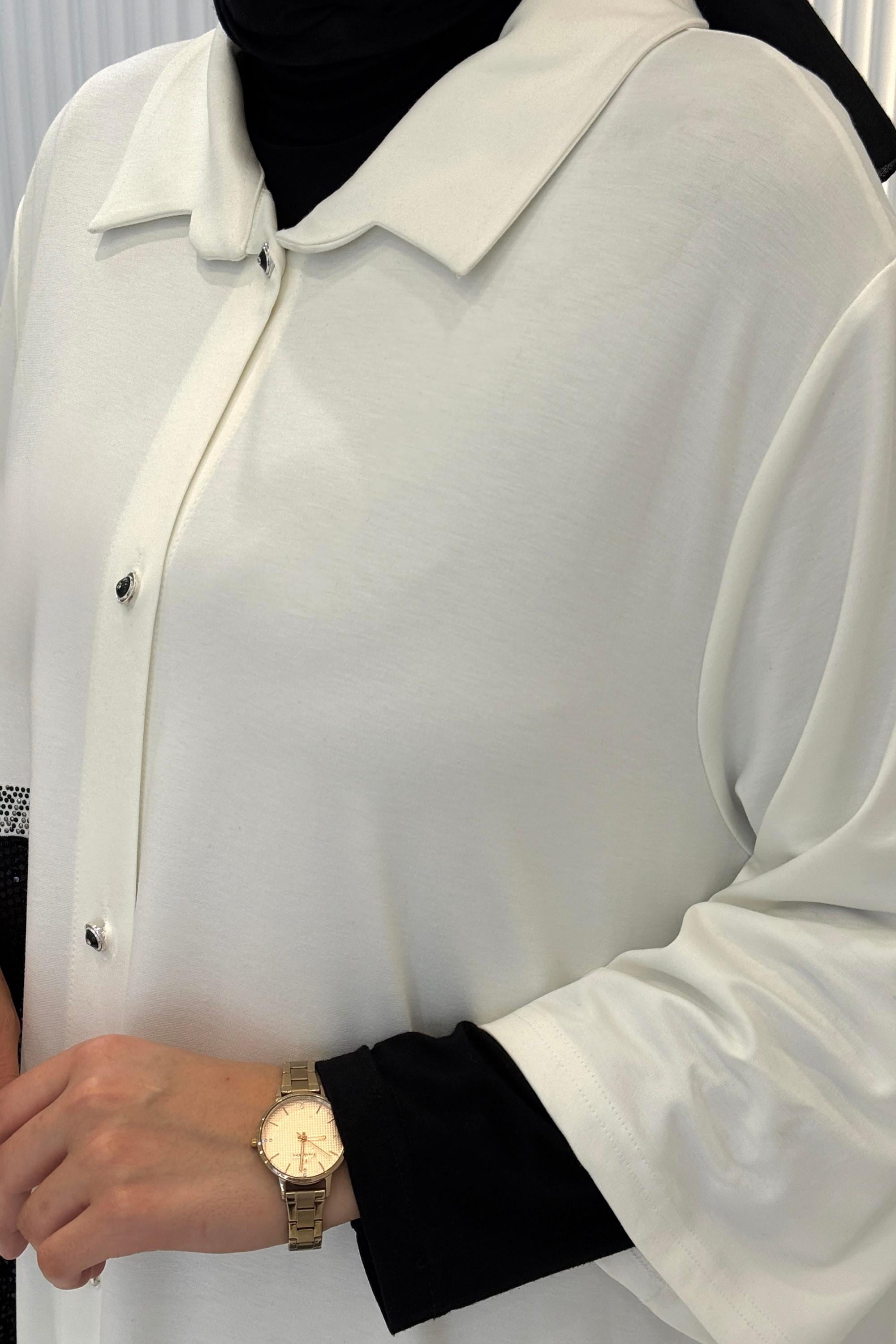 Büyük Beden Kontrast Cep Detaylı Gömlek Elbise Ekru OTW5640