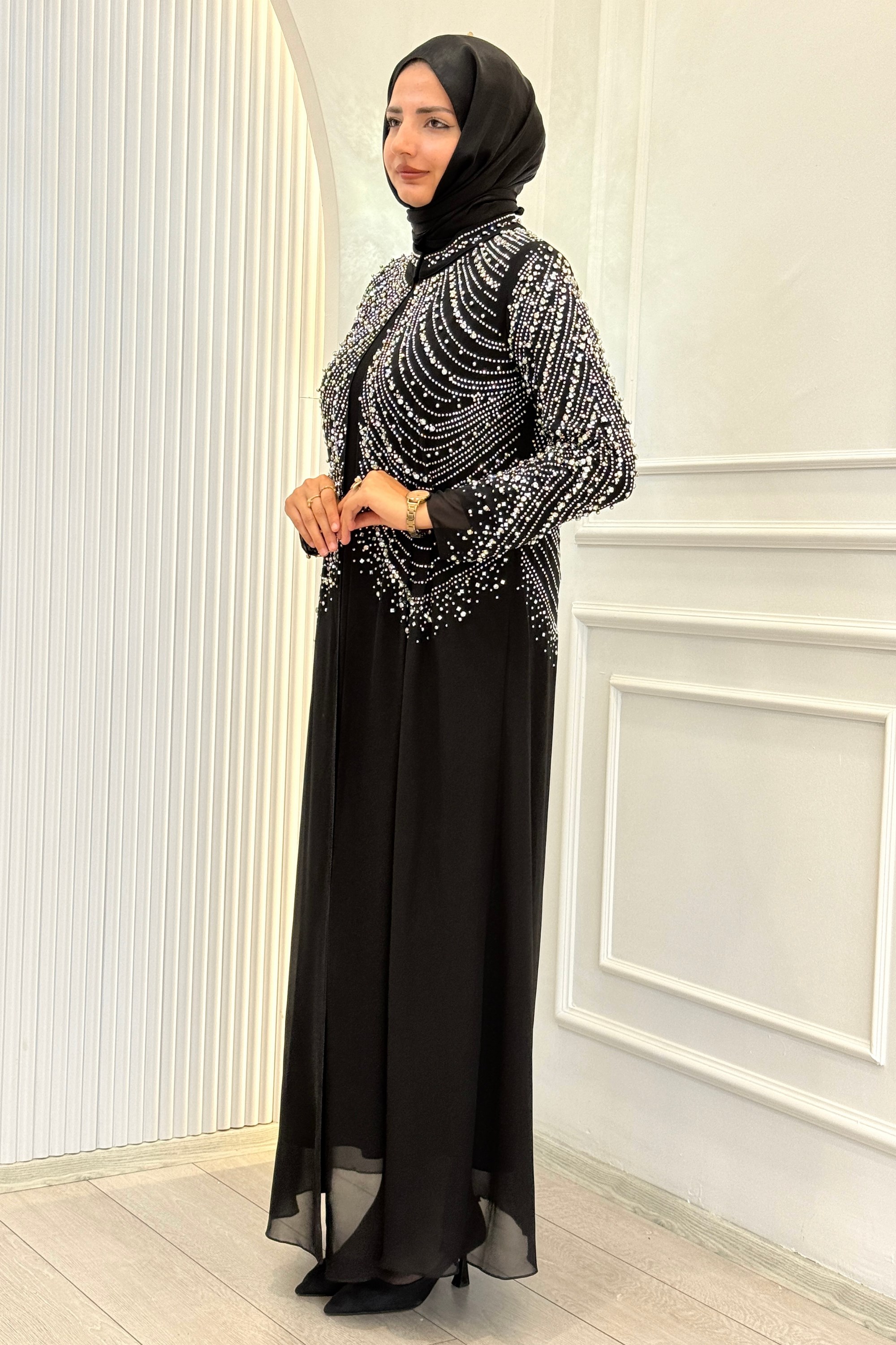 Büyük Beden Kristal Taş İşlemeli Abaya Takım Siyah OTW804